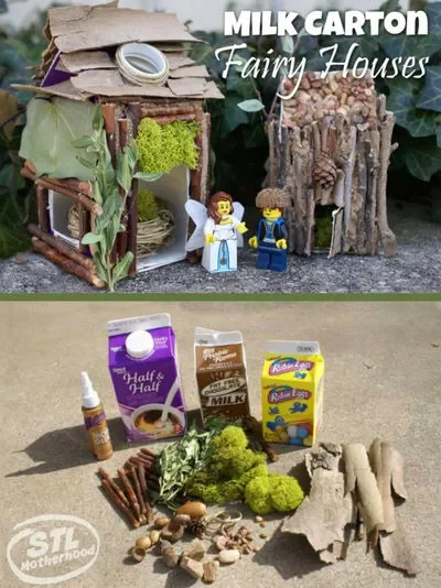 Lego figures in front of fairy houses made from milk cartons and found materials