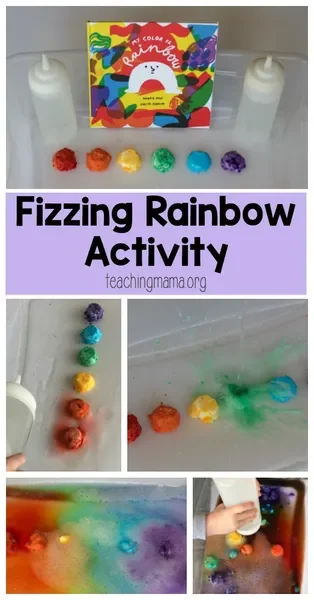 A step-by-step image collage of the fizzing rainbow activity, which uses vinegar and baking soda plus food coloring for sensory rainbow fun