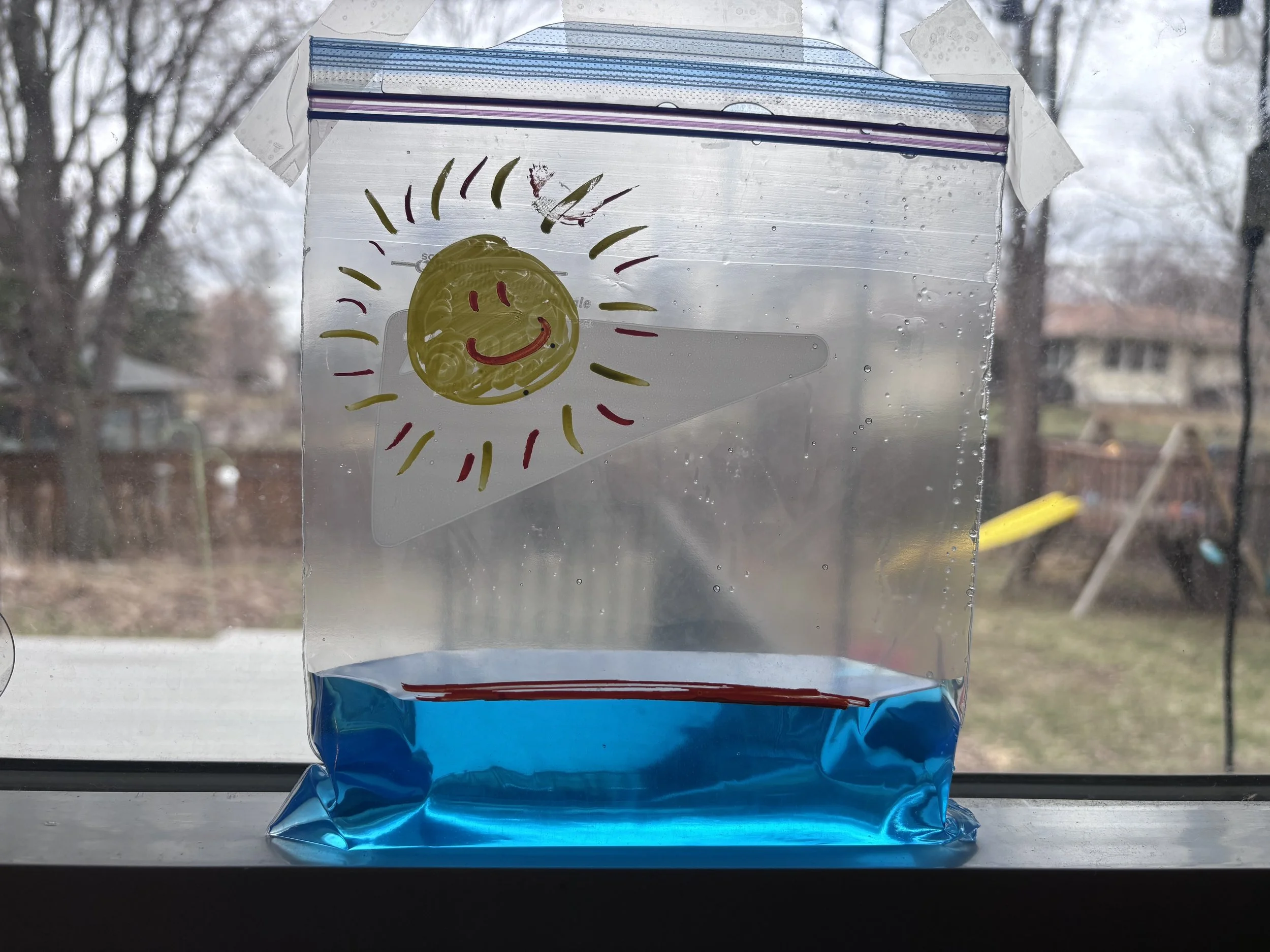 A plastic bag filled with blue water taped to a window