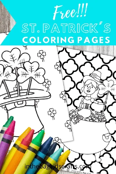 Two of the free coloring pages in GlueStick with some crayons.