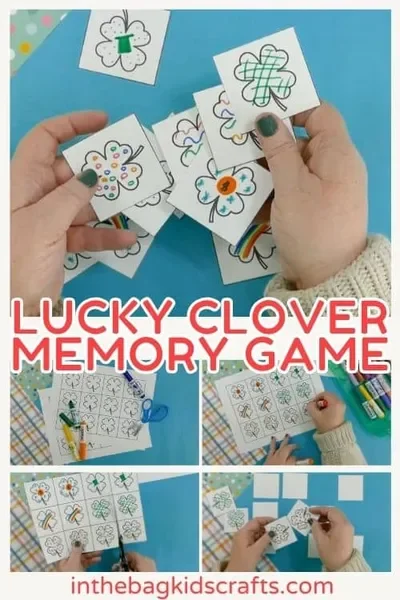 A child makes and plays with a memory game featuring four leaf clovers