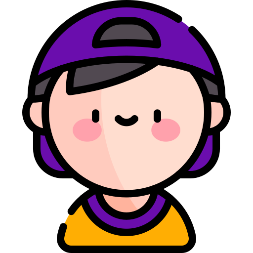 A boy wearing a purple hat and yellow shirt.