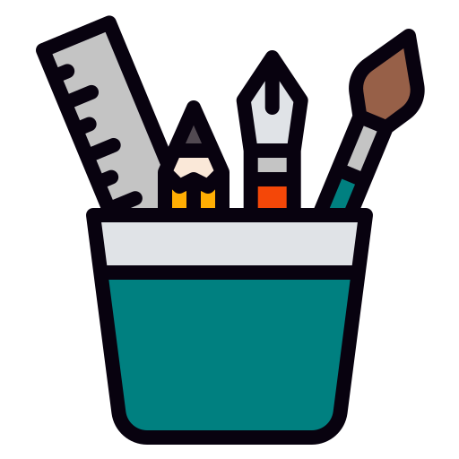 A cartoon caddy of art supplies