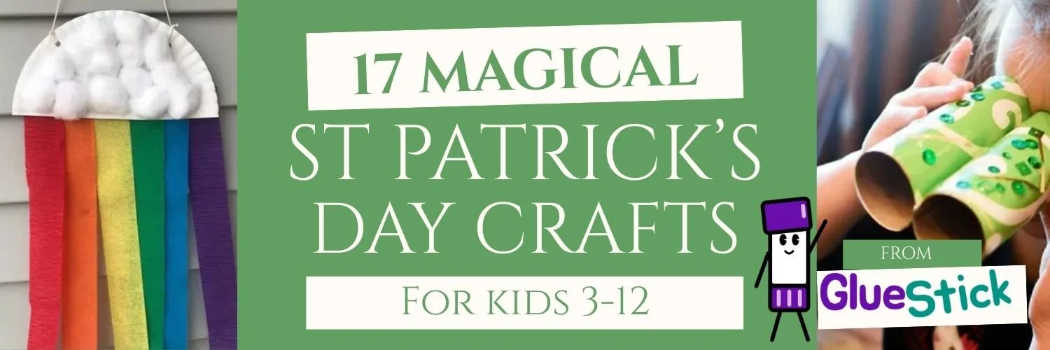 A heaader image with the text "17 magical St Patrick's Day Crafts for Kids 3-12" with pictures of two projects