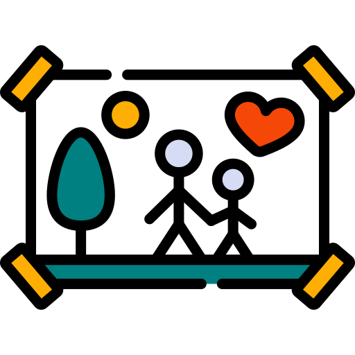 a stick figure drawing of two people near a tree with a heart