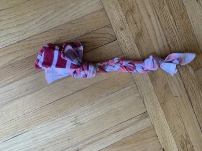 A recycled dog toy made from braiding strips of old t-shirts