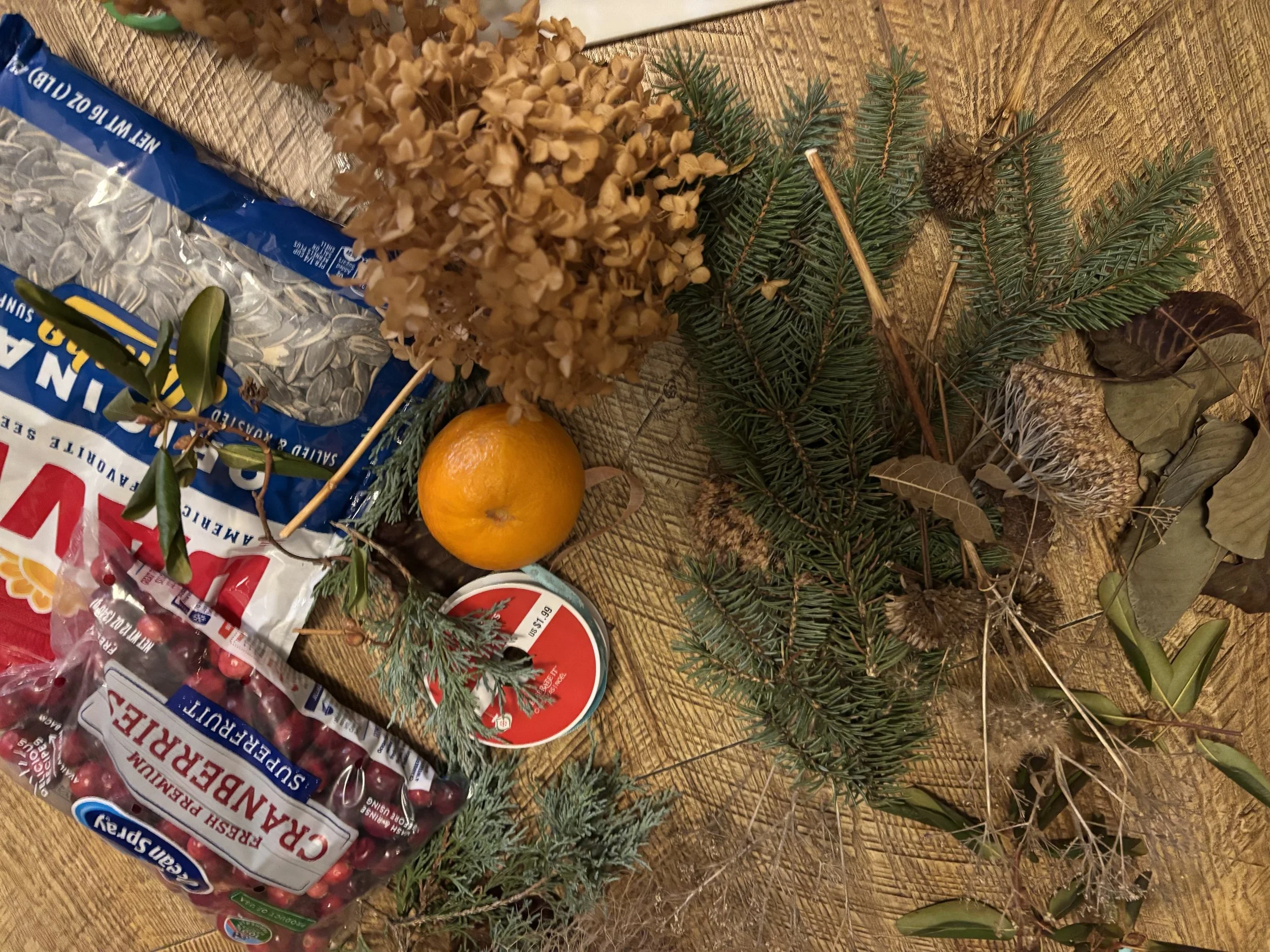 pine boughs, leaves, an orange, cranberries, and sunflower seeds on a table with ribbon.