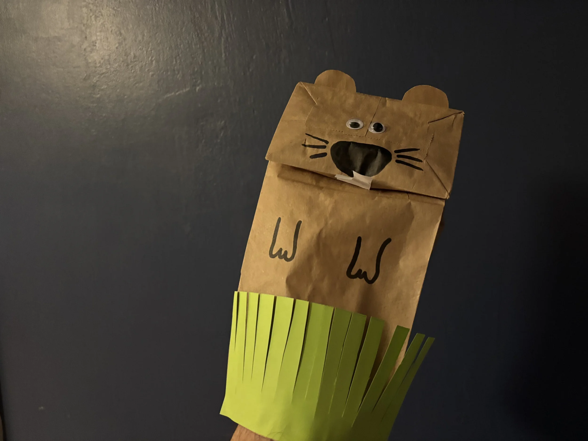 A groundhog puppet made from a paper bag with paper grass.