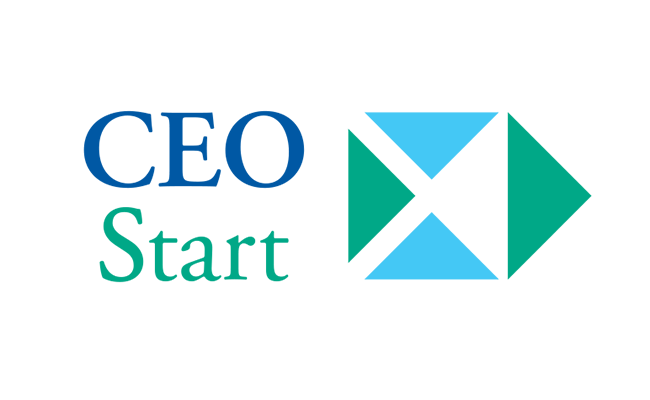 Logo for the Elevate Hennepin CEO Start Program with stylized text and geometric shapes in blue and teal colors.