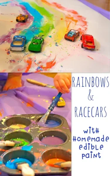 Rainbows made by driving toy cars through rainbow paint
