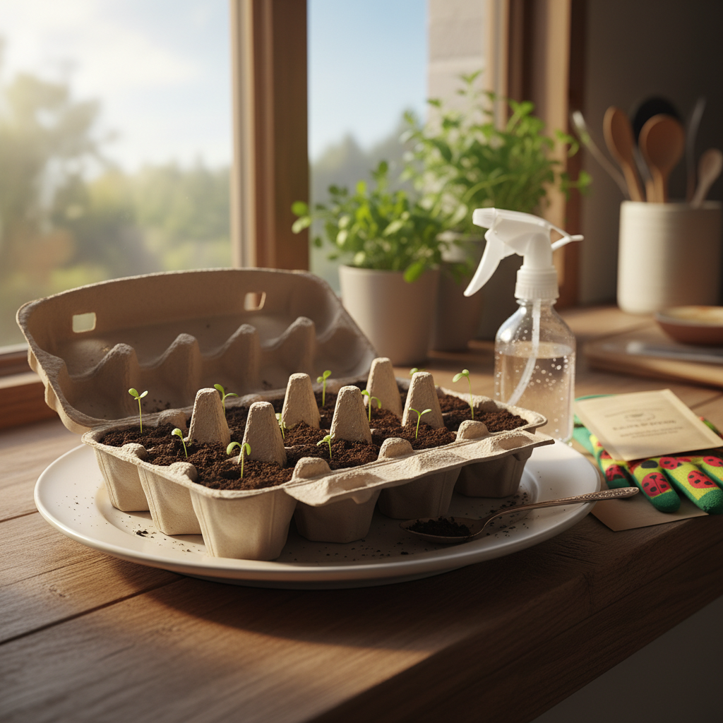Seedlings growing in an egg carton in front of a sunny window