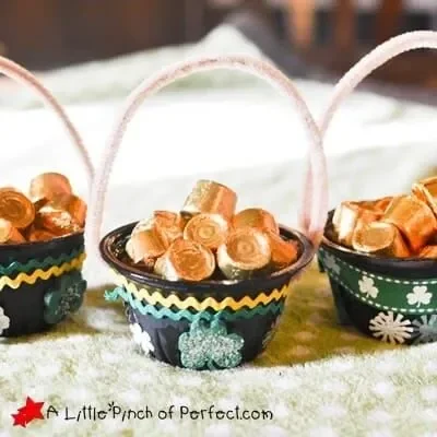 Saint Patrick's Day pots of gold made from recycled plastic cups filled with Rolo candies
