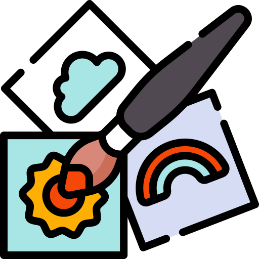 A cartoon paint brush with children's artwork