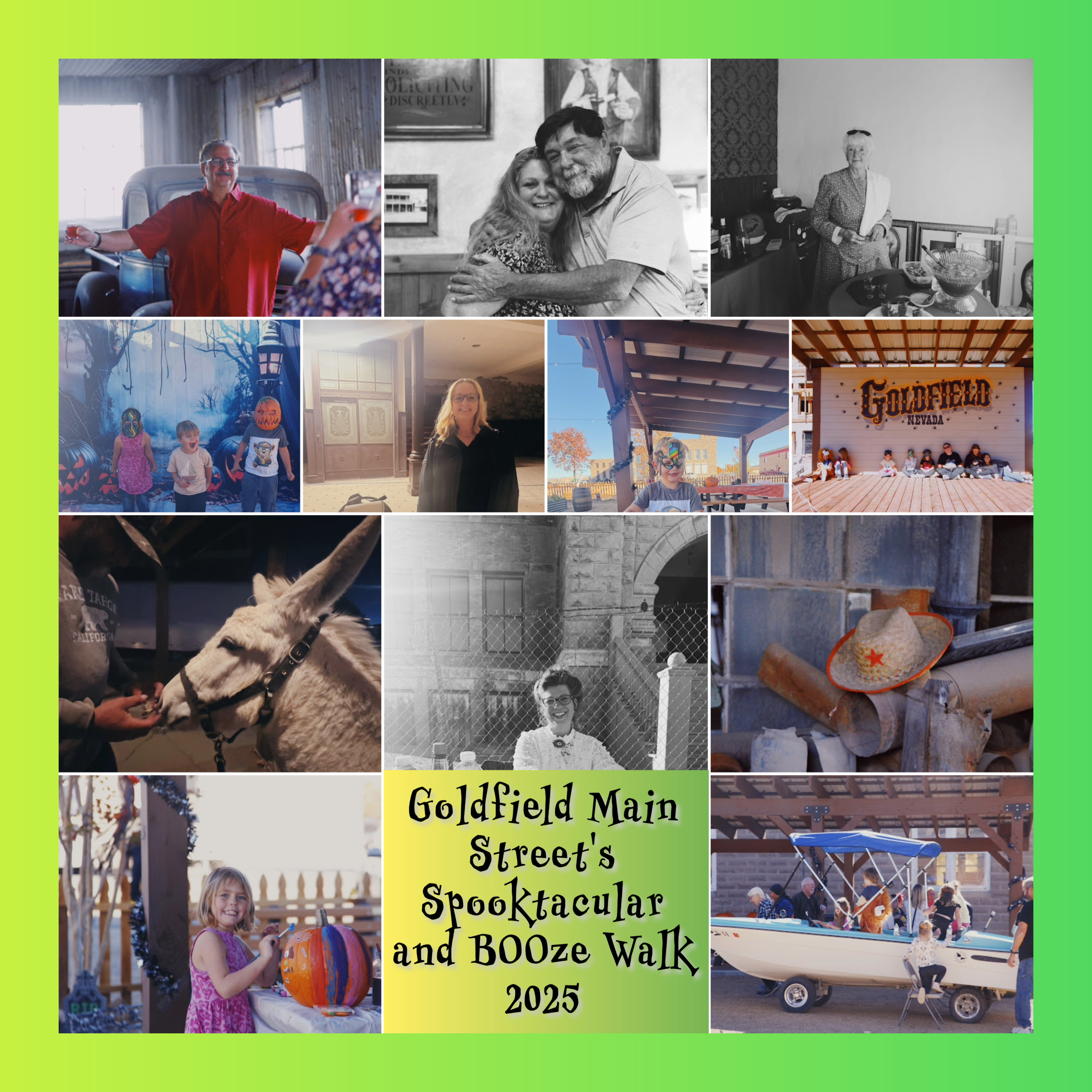 Collage of photos from Goldfield Main Street's Spooktacular and Booze Walk 2025 event, featuring people, children, a donkey, a boat, Halloween decorations, and various scenes from the event.