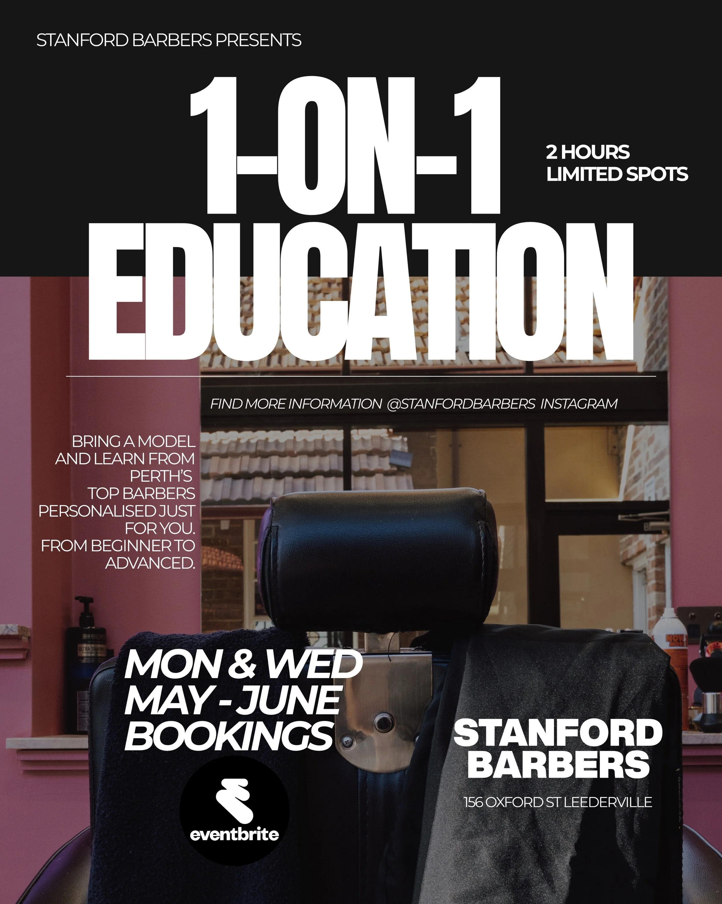 STANFORD BARBERS | 1 ON 1 EDUCATION SESSIONS
Want to sharpen your skills, build confidence behind the chair, or get support in a specific area of barbering or business?
Throughout May &amp; June, Stanford Barbers is opening up exclusive 1 on 1 educat