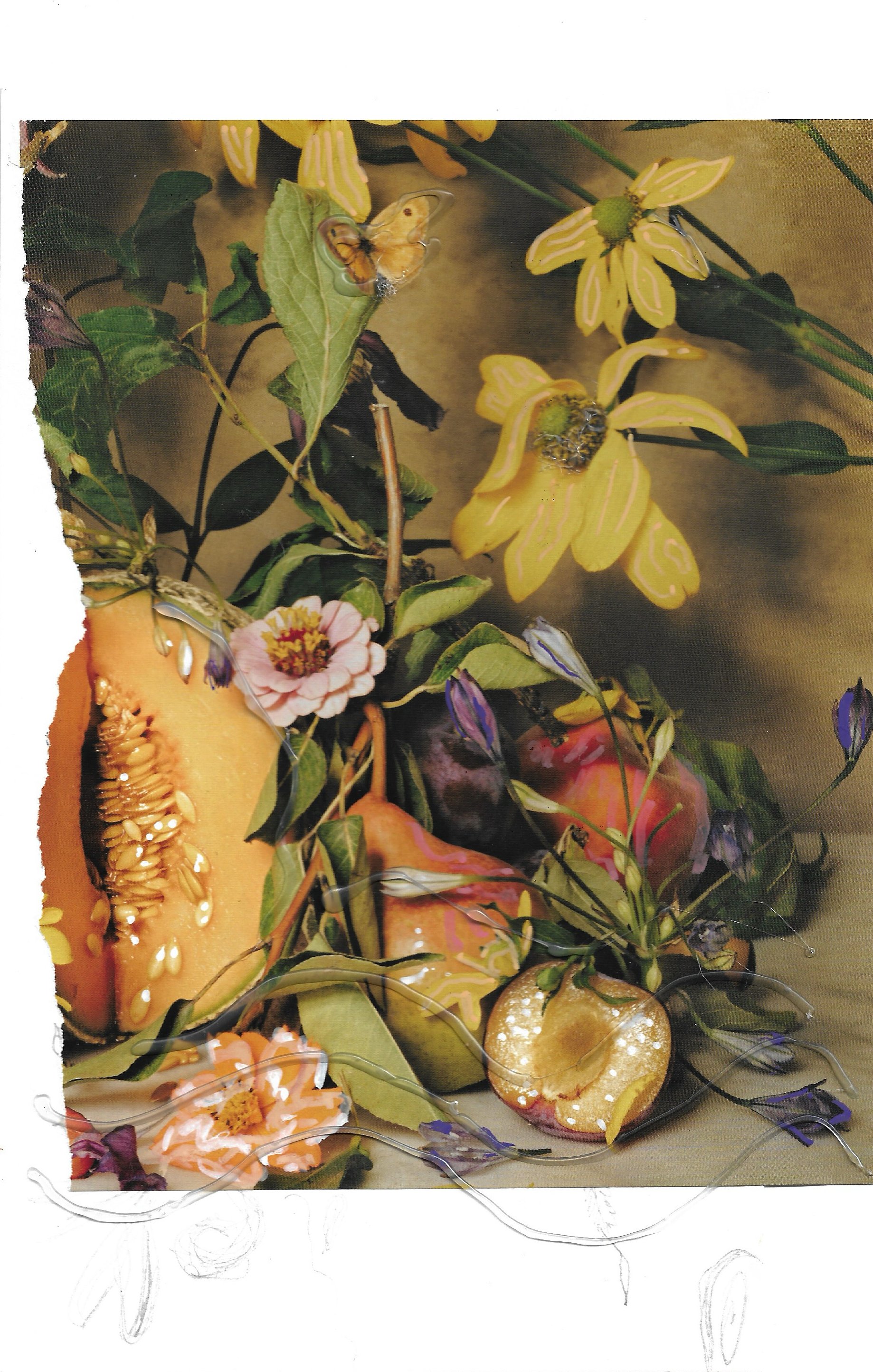 Photo of cut cantaloupe, yellow flowers, cut peach, and greens. Highlights with paint markers and hot glue squiggles. 