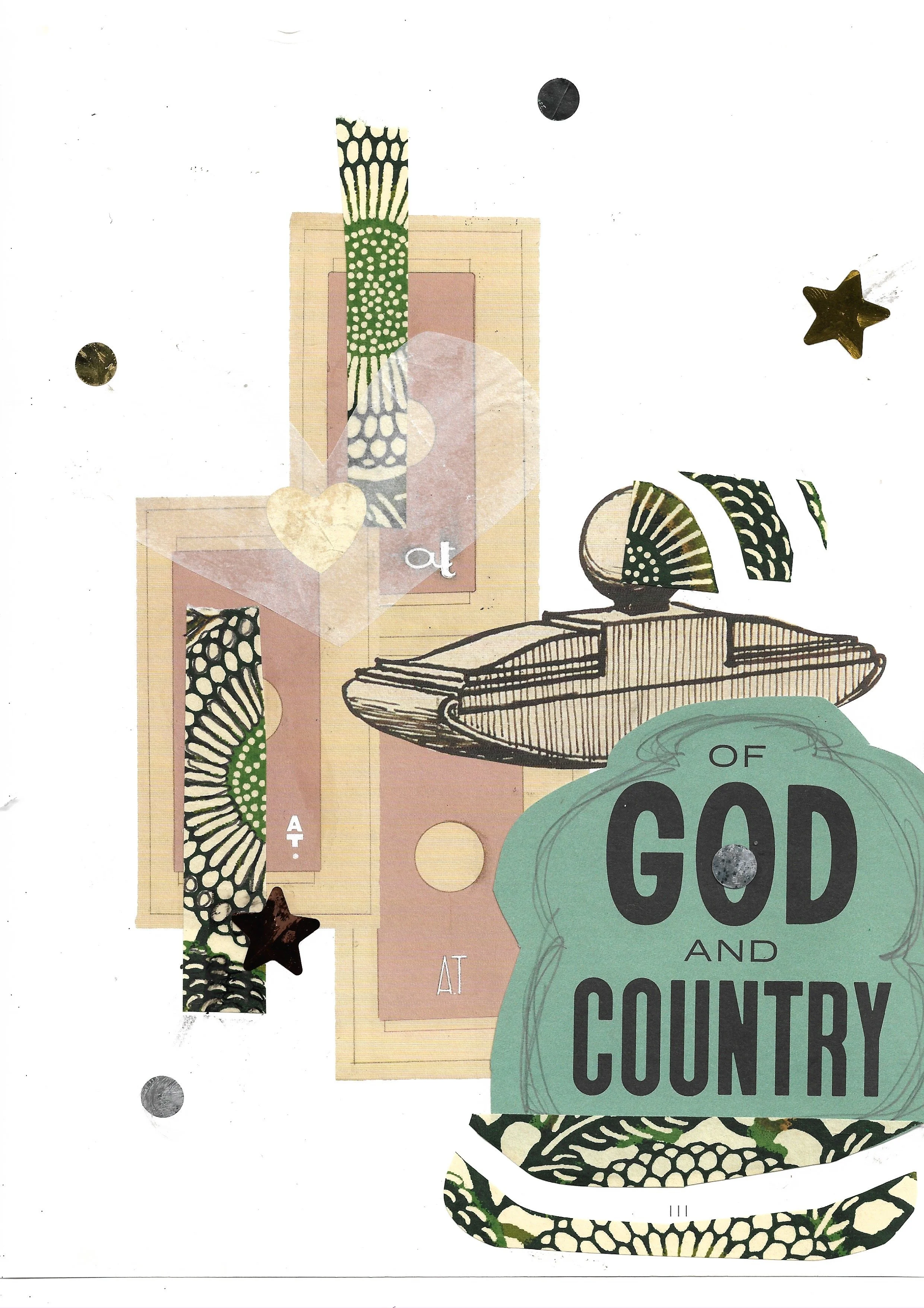 Background is page 111 of some book, collage of pink and beige rectangles, green floral pieces of paper, and a cut out "Of God and Country"
