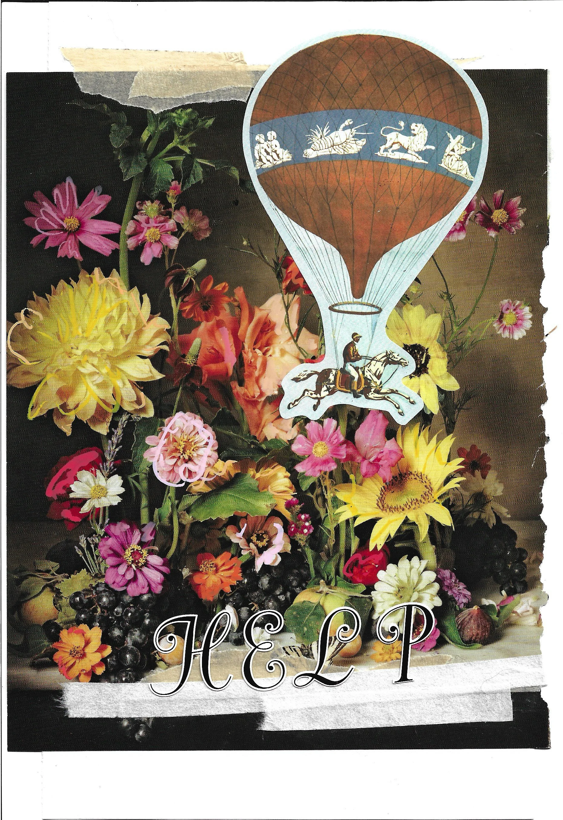Image of colorful flowers, highlighted with paint marker. A sticker of a man on a horse suspended by a hot air balloon, and stickers writing, "H E L P" 