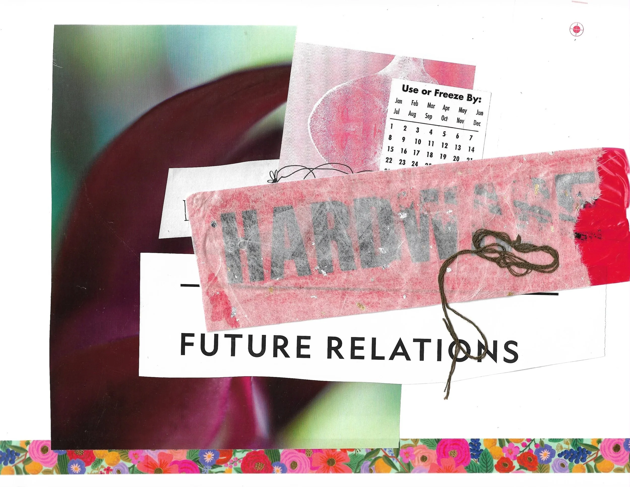 Blurry, green and red background, "Use or freeze by:" sticker with dates, a red "HARDWARE" label covered with sheer paper. 