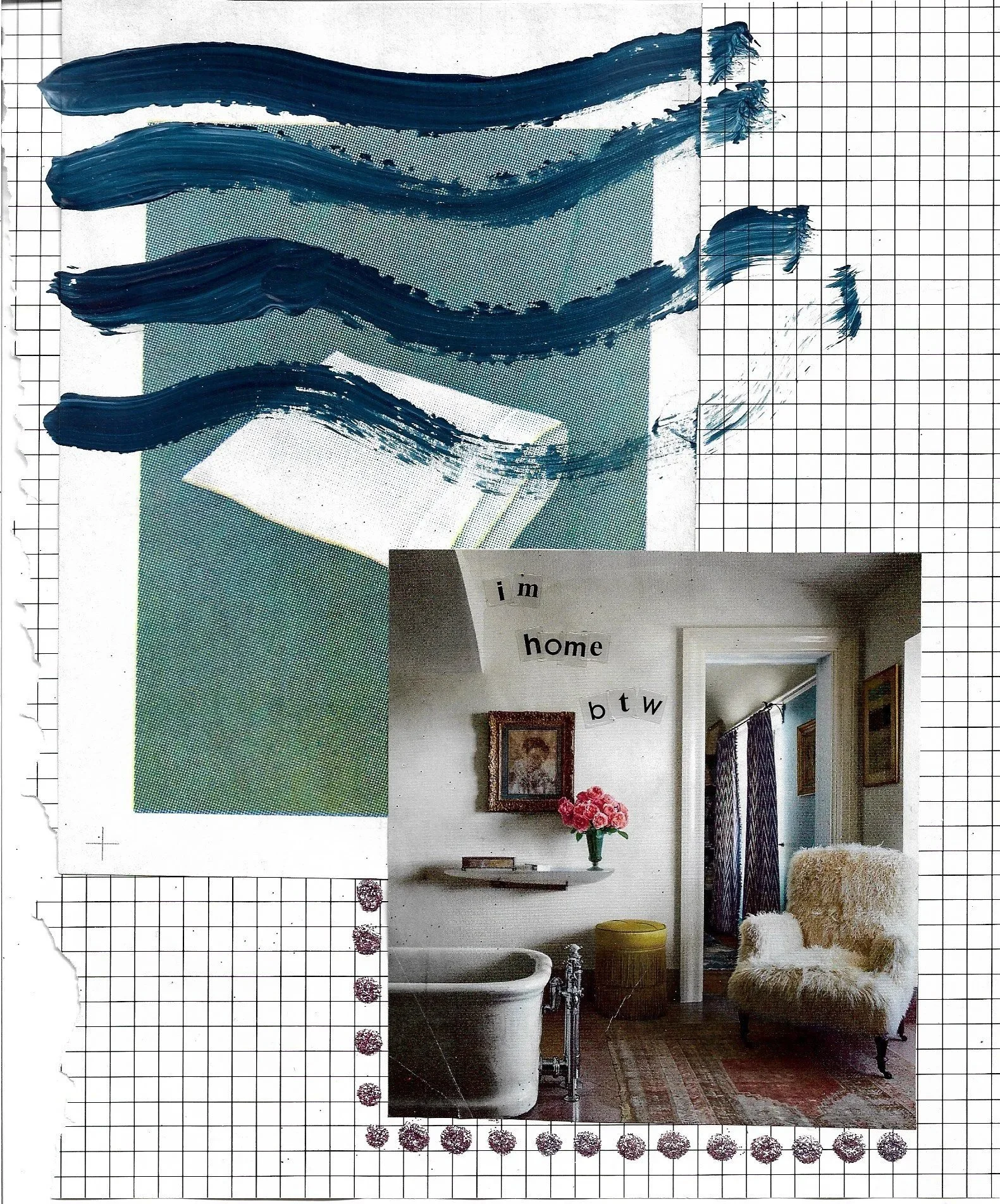 Grid background, print of a pillow with blue paint lines on top, and an image of a bathroom with stickers that read, "I'm home btw" 