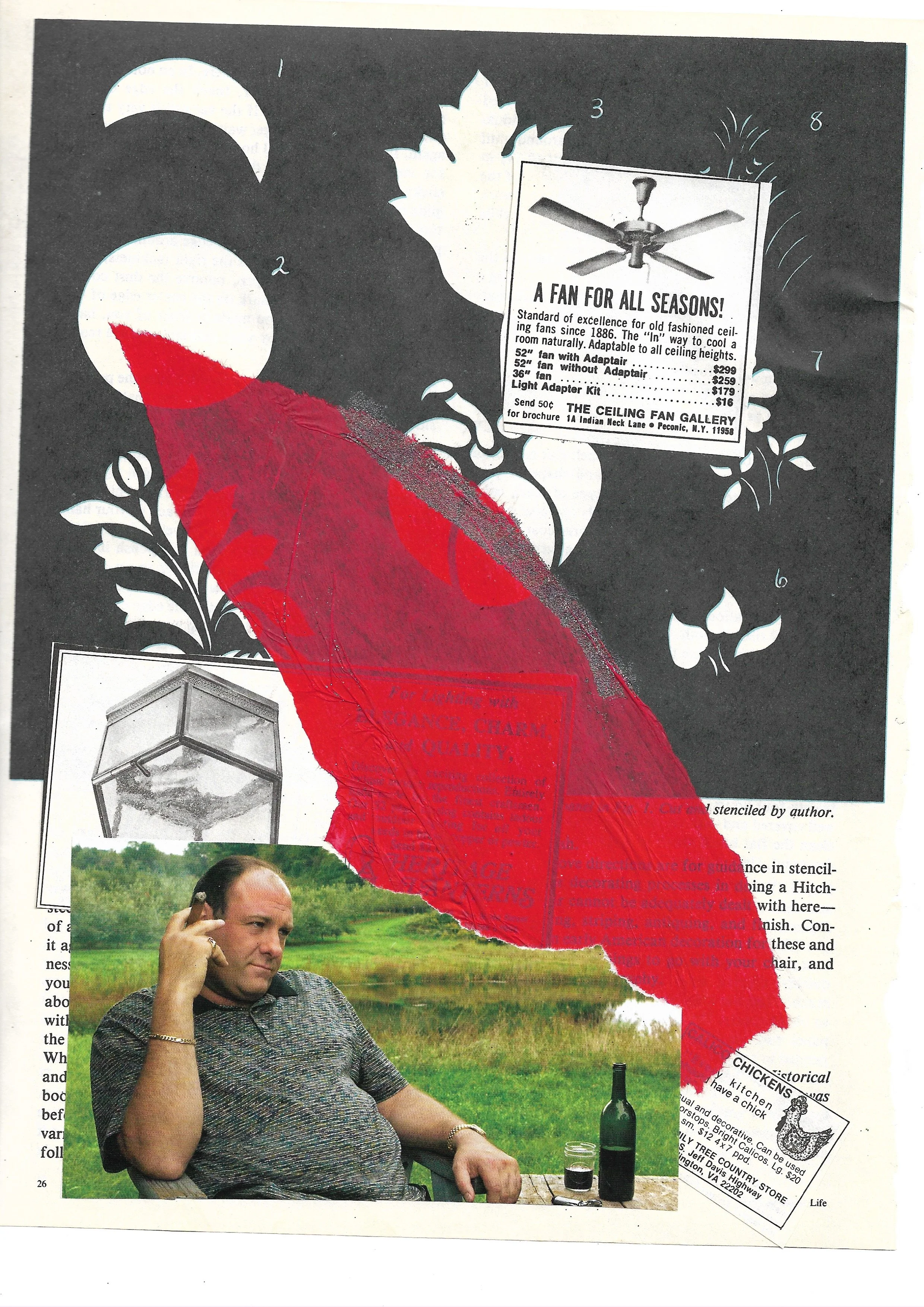 Black and white image of stencils, collaged on top are a large piece of red tissue paper and a picture of Tony Soprano