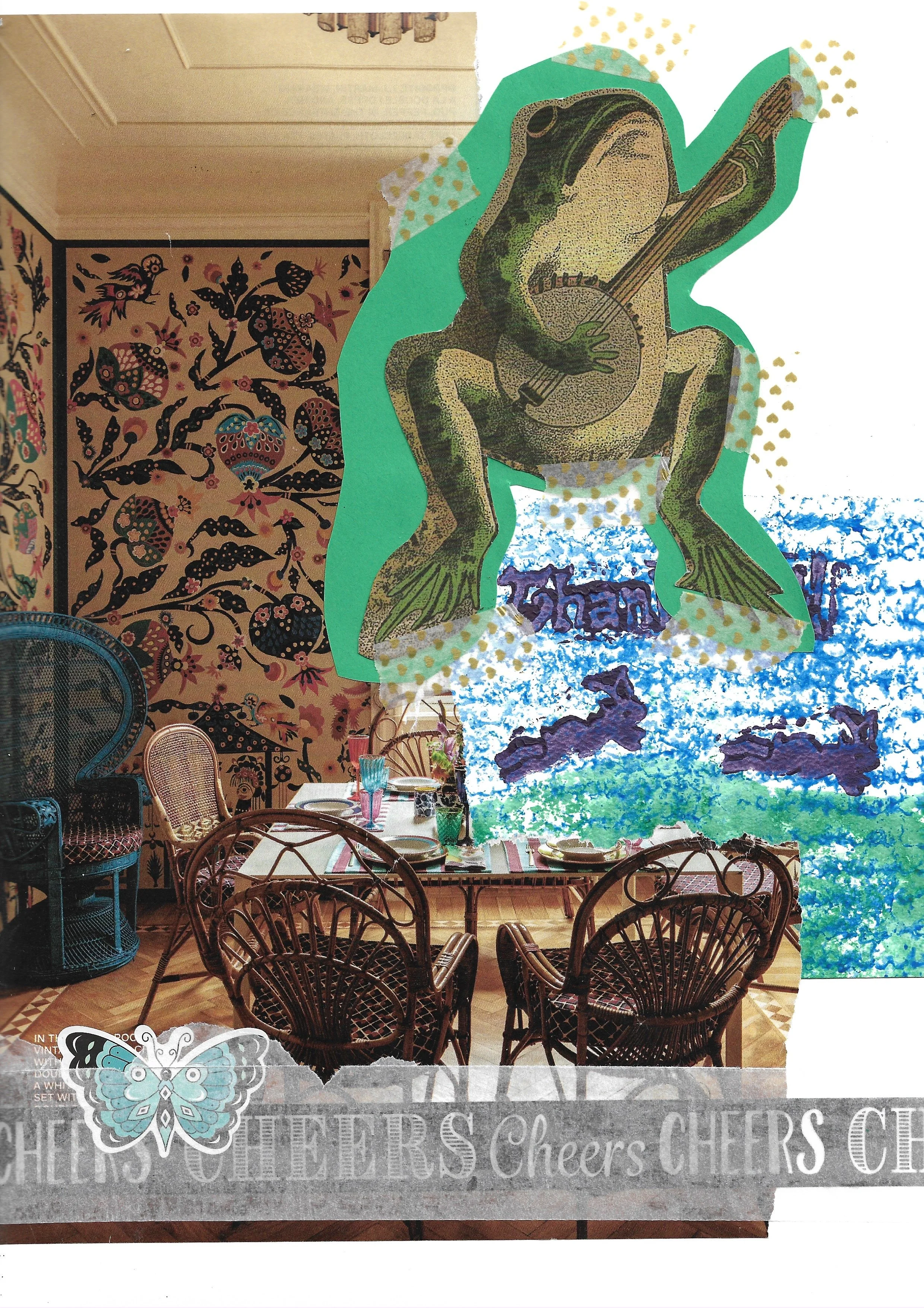 Background of an interior - thin, square table with dark wicker chairs. Folk art wall paper. A cut out frog playing a banjo on top. 