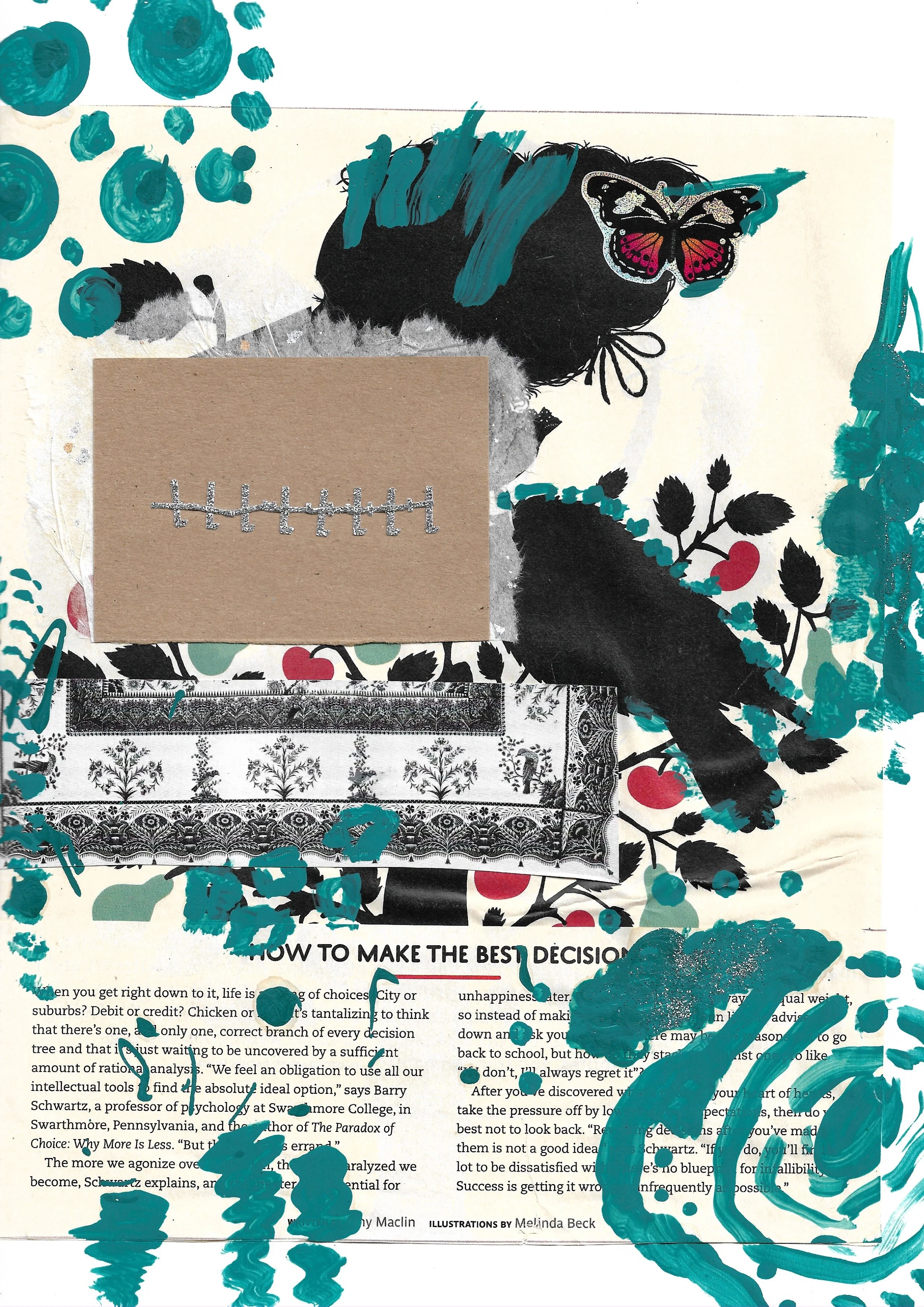 Magazine article titled, "How to make the best decision." Blue paint marks on top. 