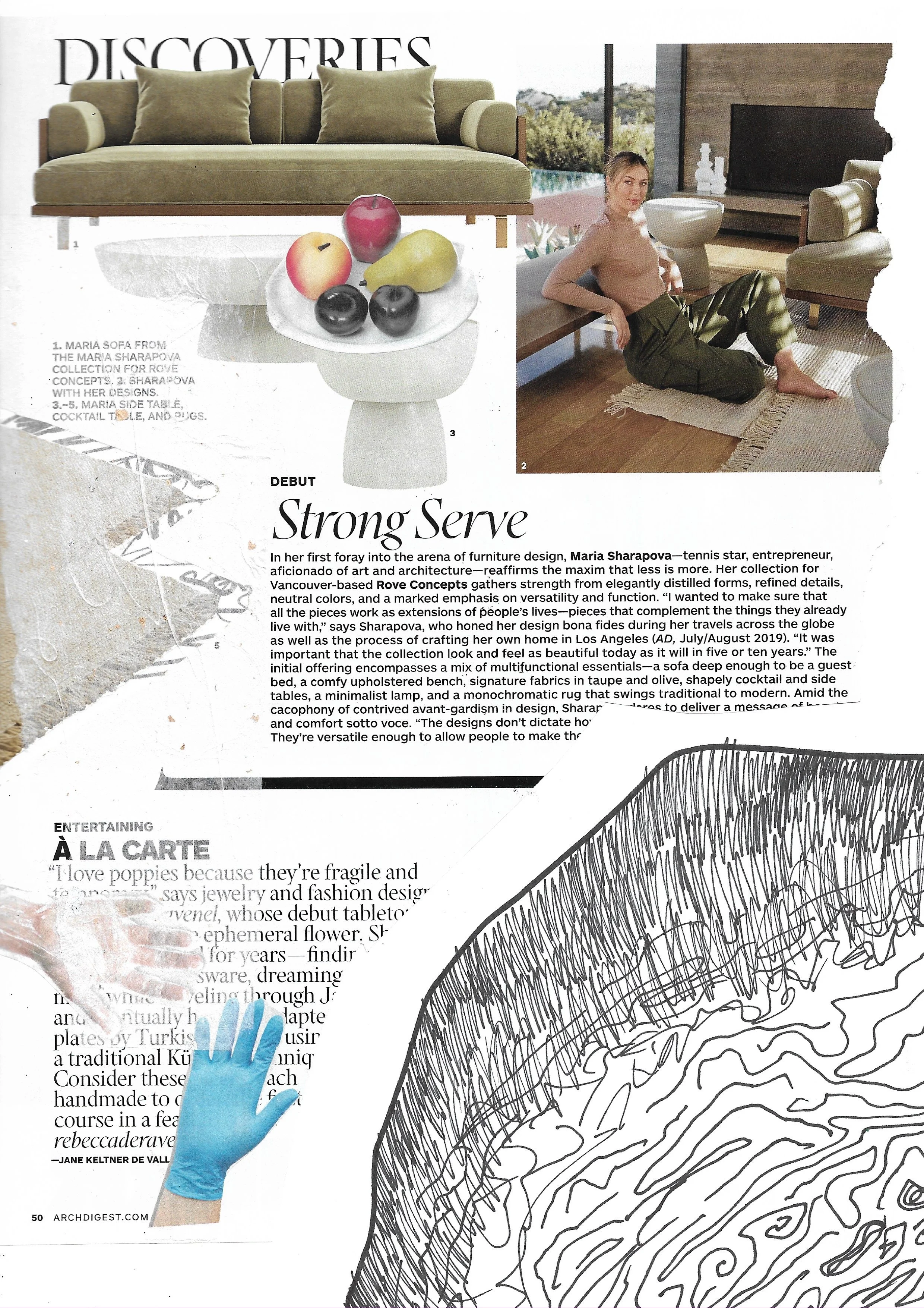 A page from an interior design magazine, cut out images of hands on the left, and a large hand-drawn black squiggly doodle circle on the bottom right. 