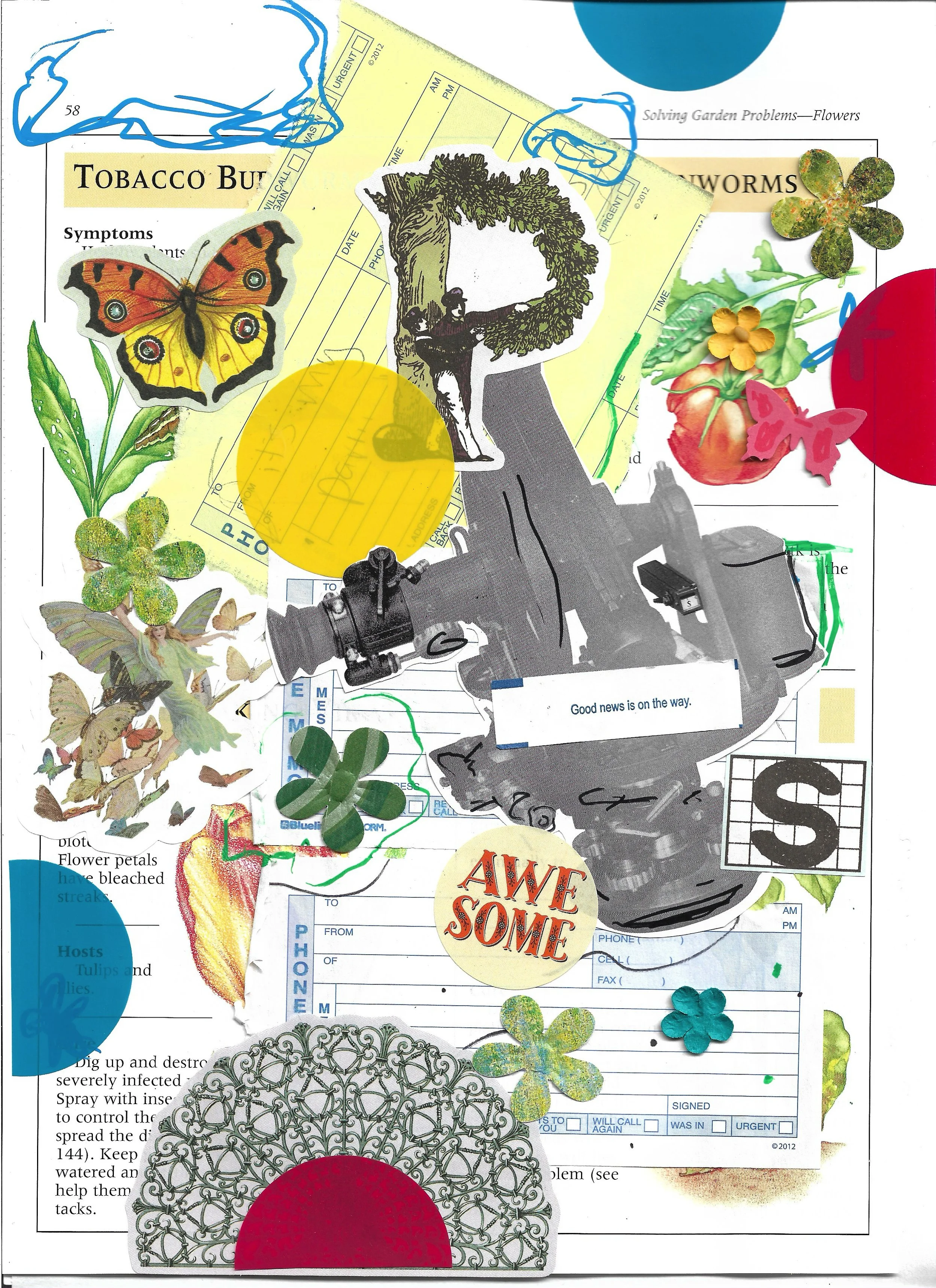 Butterfly stickers, red and blue circles, a large black microscope, a fortune that reads "Good news is on the way," the letter "P," and another sticker with the word "AWESOME." 