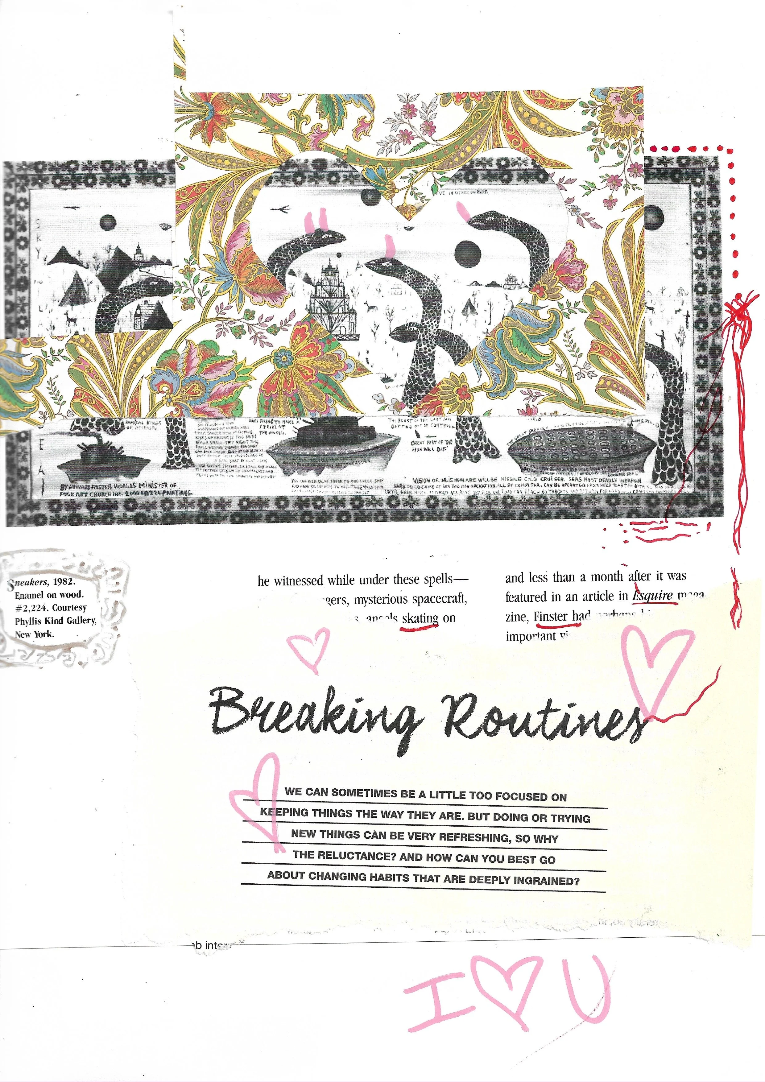 Page from a book about folk artist Howard Finster, including a painting he did of snakes. Collaged on top is a blurb titled "Breaking Routines". 