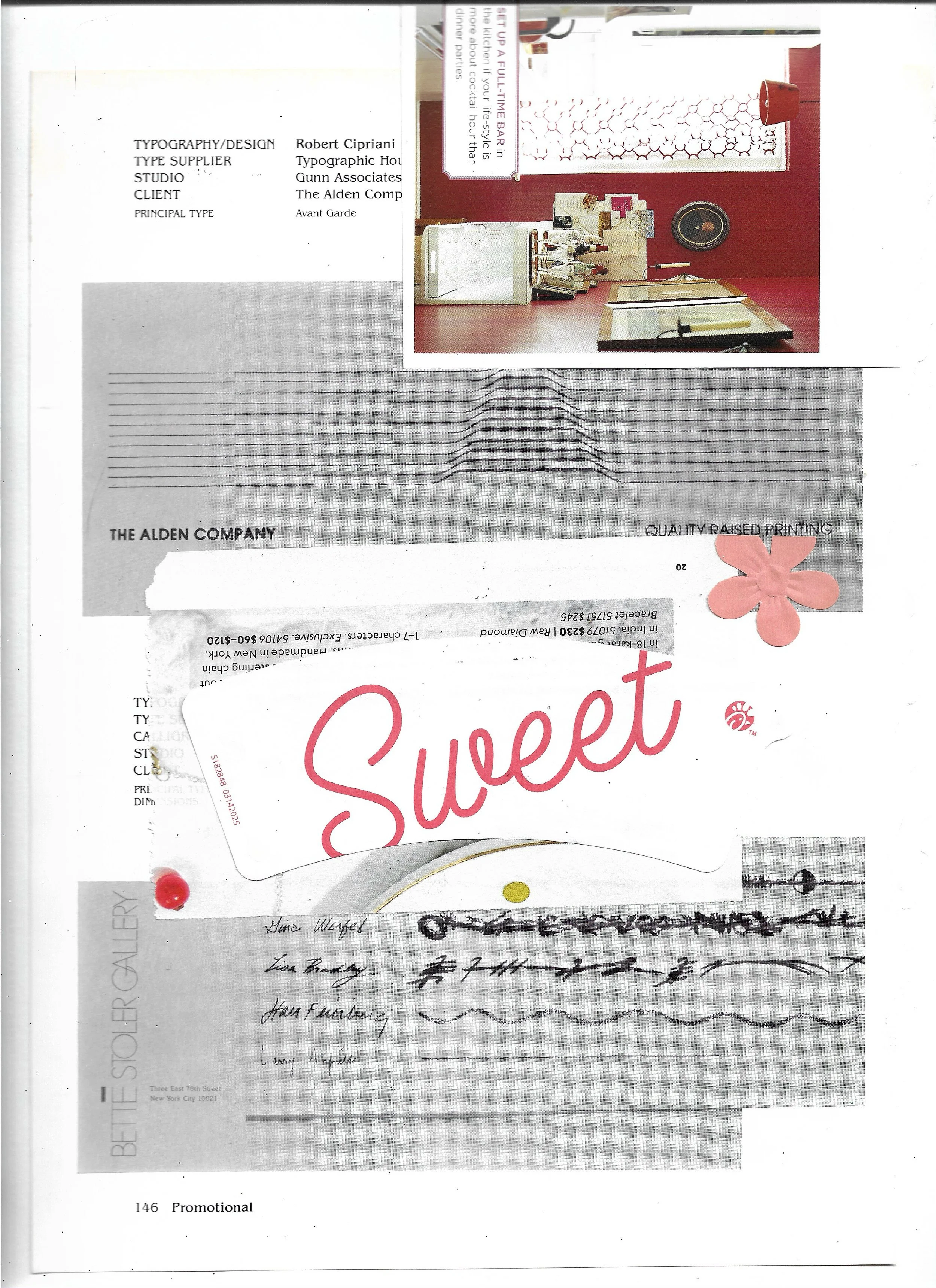 Background of black and white page from a book about typography, collaged overtop is a Chick-Fil-A icecream wrapper that says "Sweet"