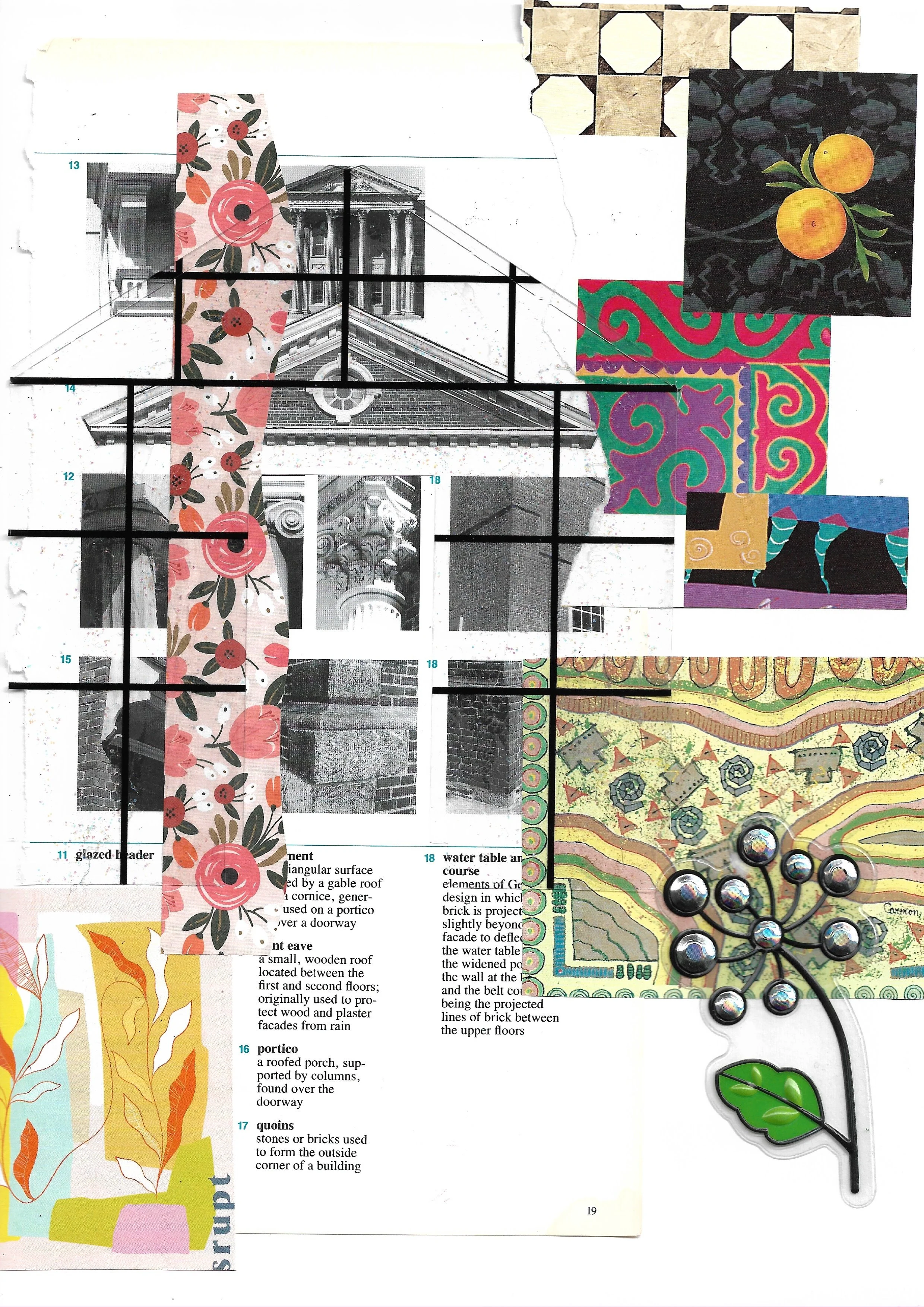 The background is from a book about Philadelphia architecture, layered on top is a see-through grid cut to the shape of the architecture, as well as squares of modern art. 