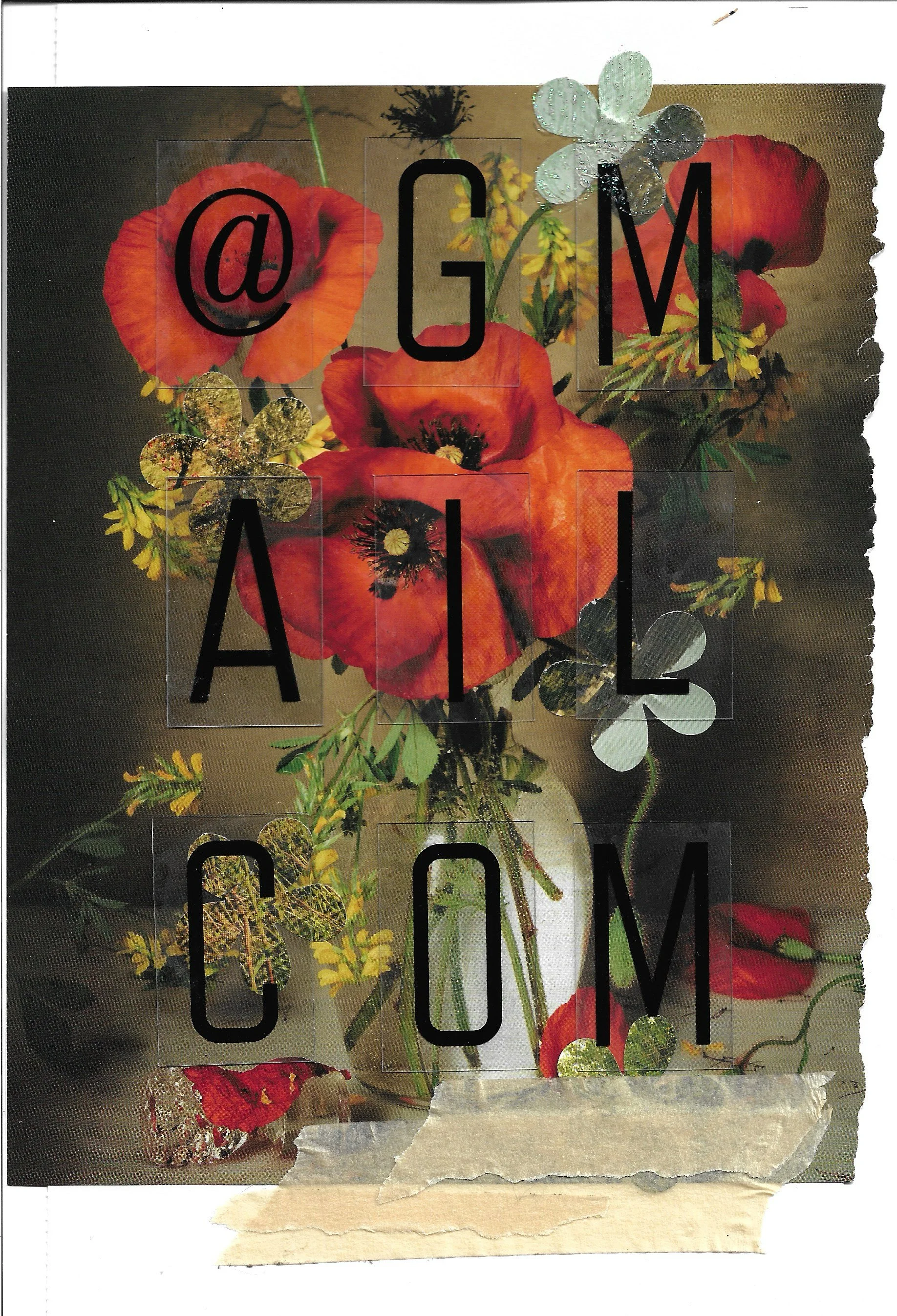 A photograph of red poppies in a white vase masking-taped to a white piece of paper. "@ GMAIL.COM" overlayed in large letters. 
