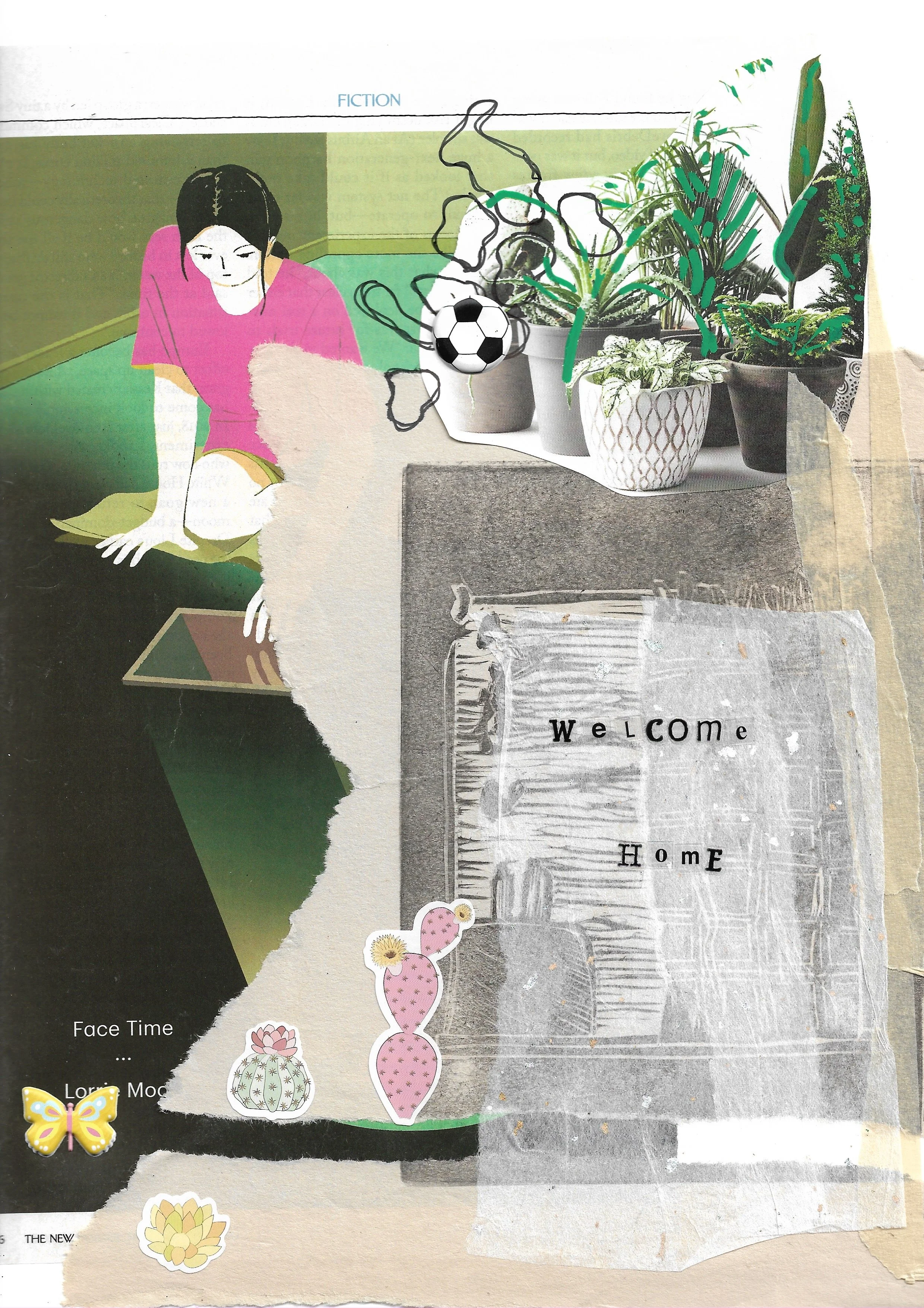 Illustration of a woman in a pink shirt using her tablet on the floor, block printed paper layered on top, stickers spell "welcome home"
