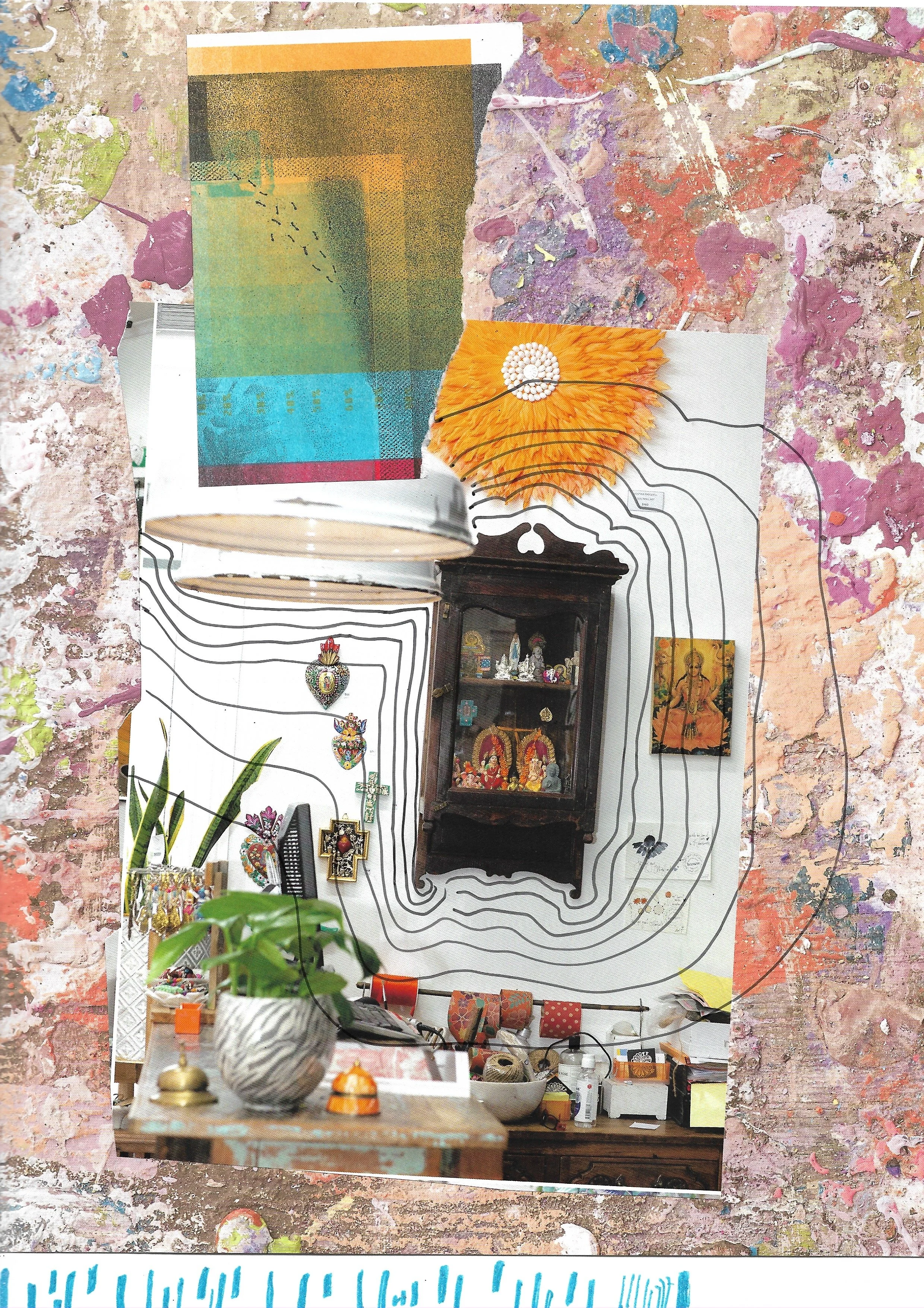 Background of pinks, looks almost like an outdoor wall. Collage of an interior with hand-drawn black squiggles. 