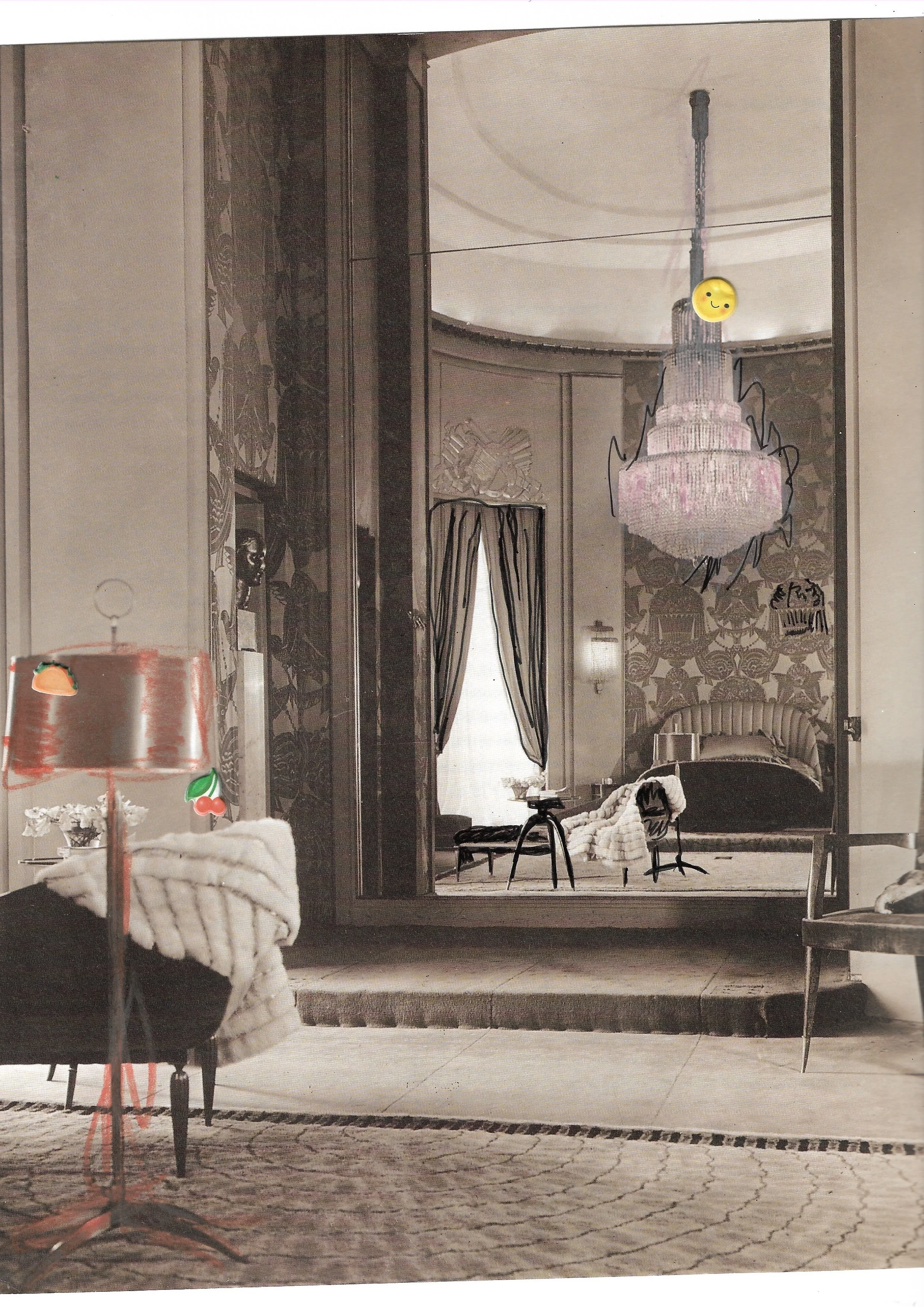 Black and white image of an ornate bedroom, huge ceilings and chandelier, highlighted with colored pencil. Stickers of a sun, cherries, and taco, 