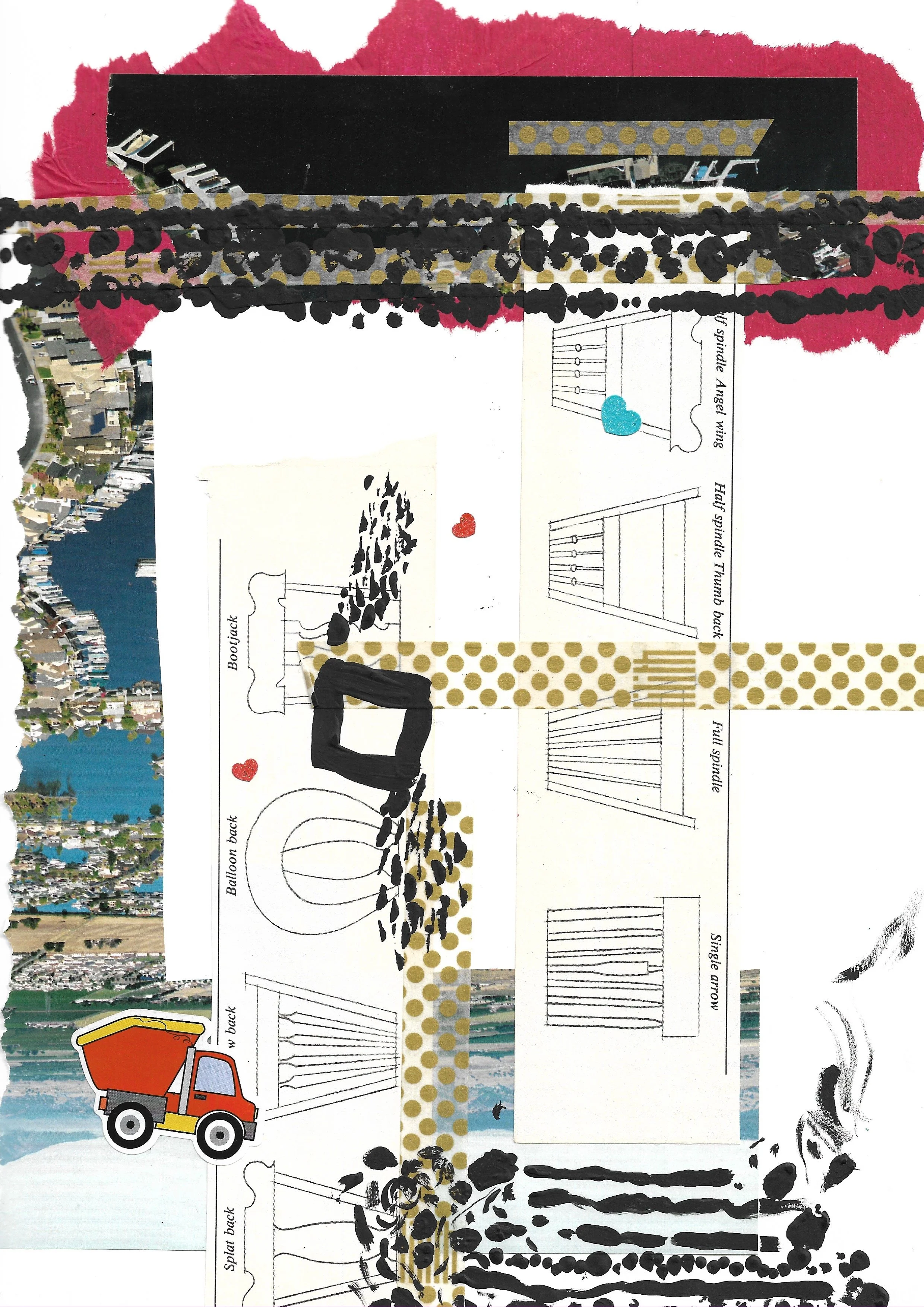 Background of illustrations of the backs of chairs, upside-down image of houses on a lake. Black paint marks and a truck sticker on top. 