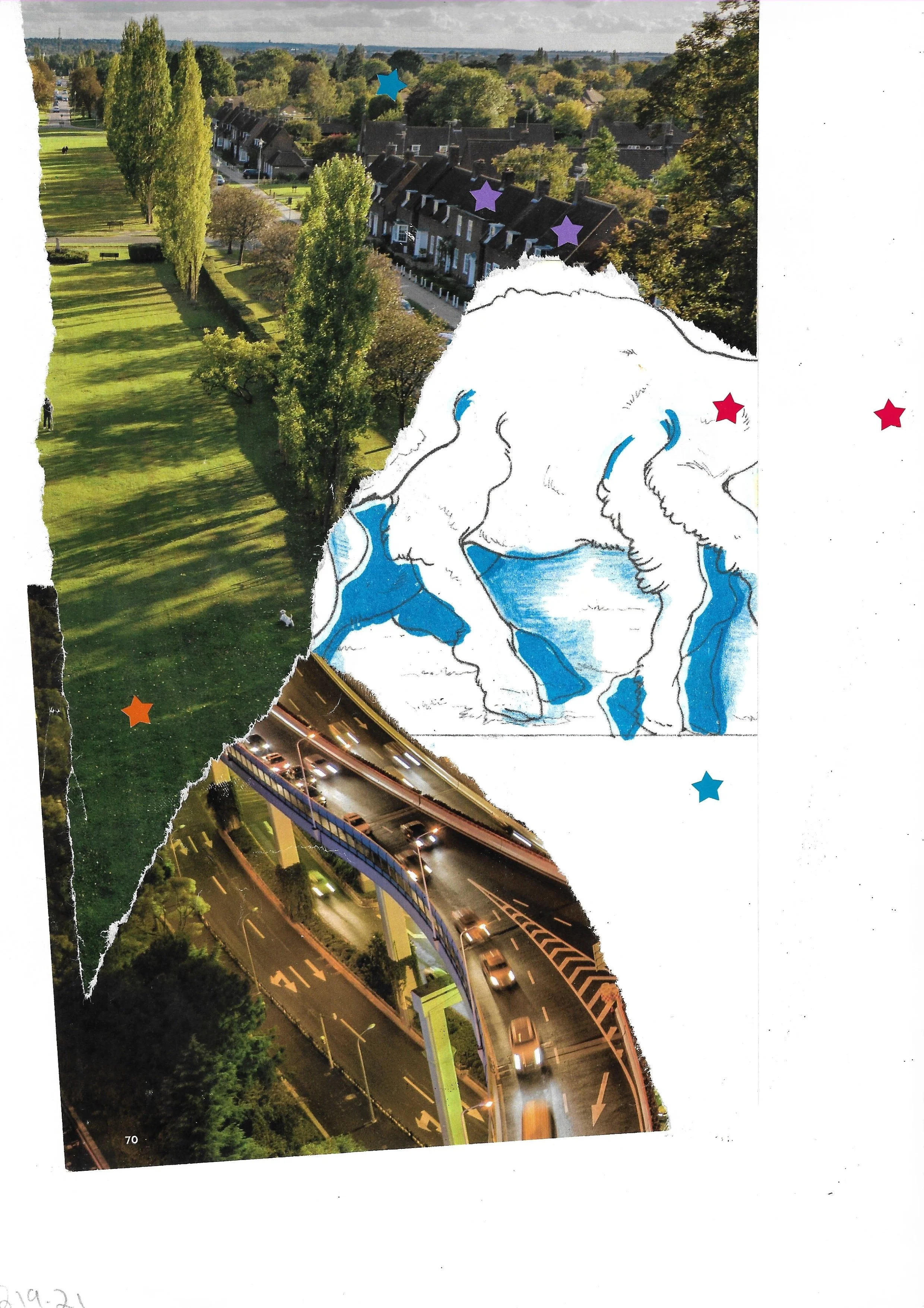 Torn photo of houses, grass, and the sky on top of a torn photo of cars driving on a bridge at night, with colorful star stickers. 