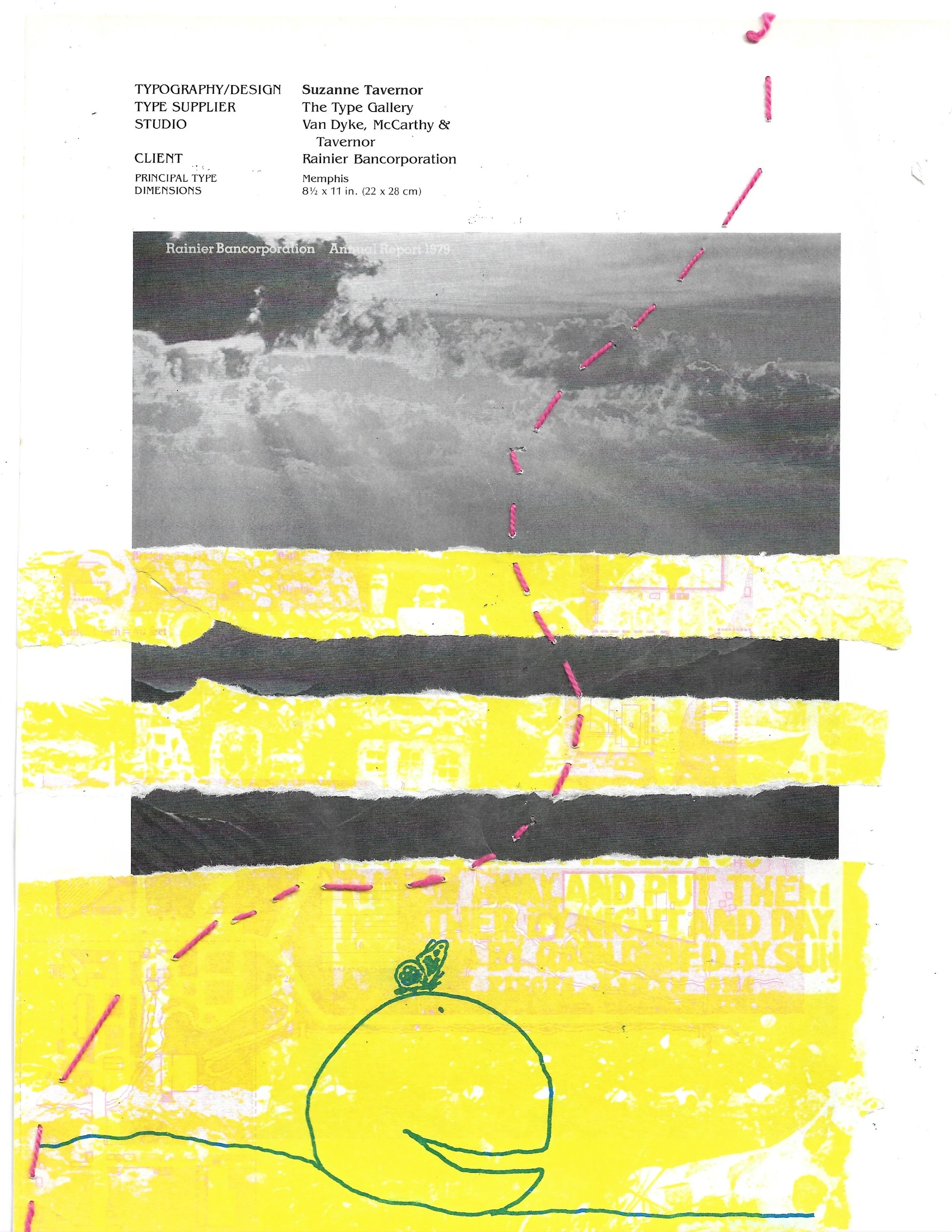 Black and white image of an advertisement with sun rays and water. Collaged on top is a pink/yellow print of "The Missing Piece," and a pink embroidered line
