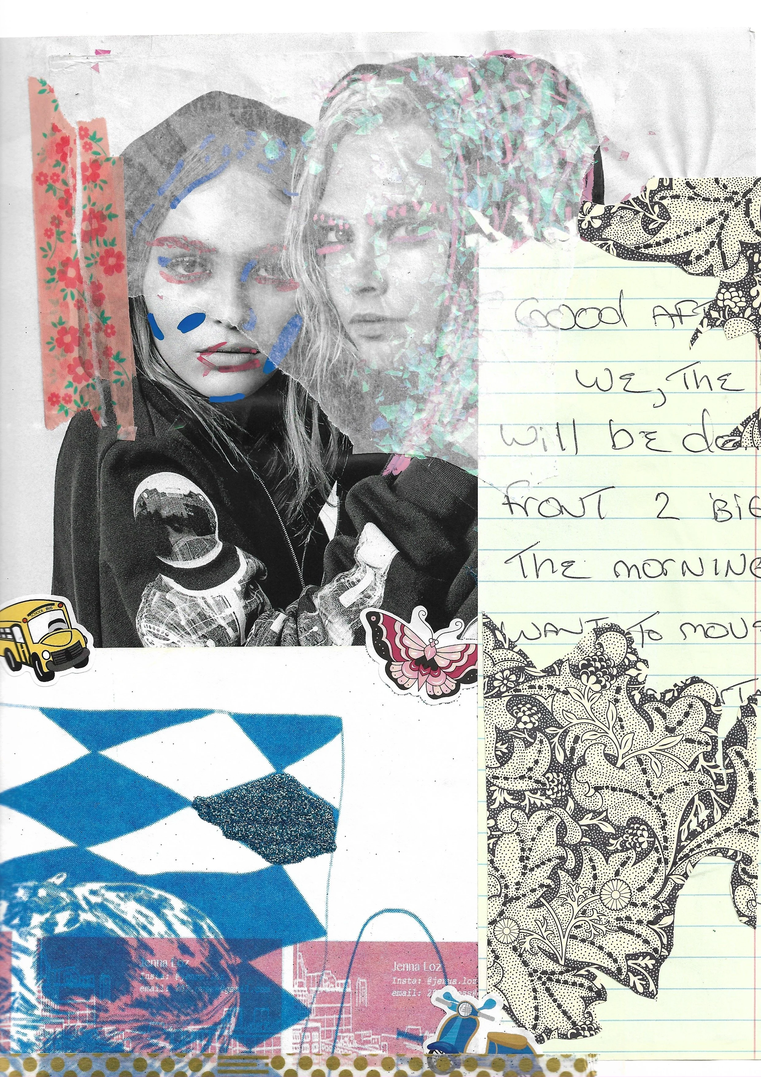 Black and white image of two models, collaged with blue checkered paper, washi tape, a school bus and butterfly sticker, and a half of a note left by a contractor. 