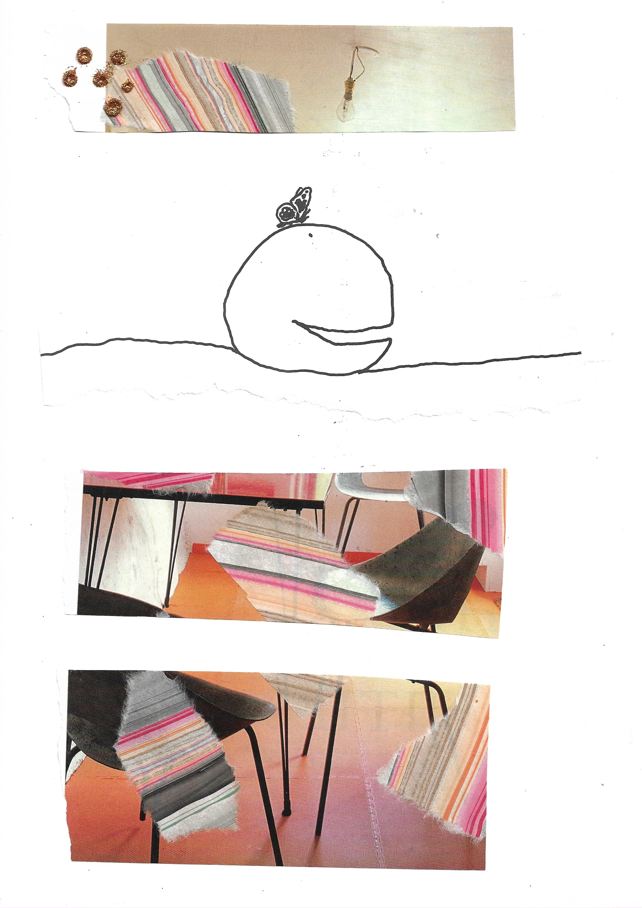Collage of "The Missing Piece" character, torn of pink striped sheer paper, and a cut-up image of a kitchen. 