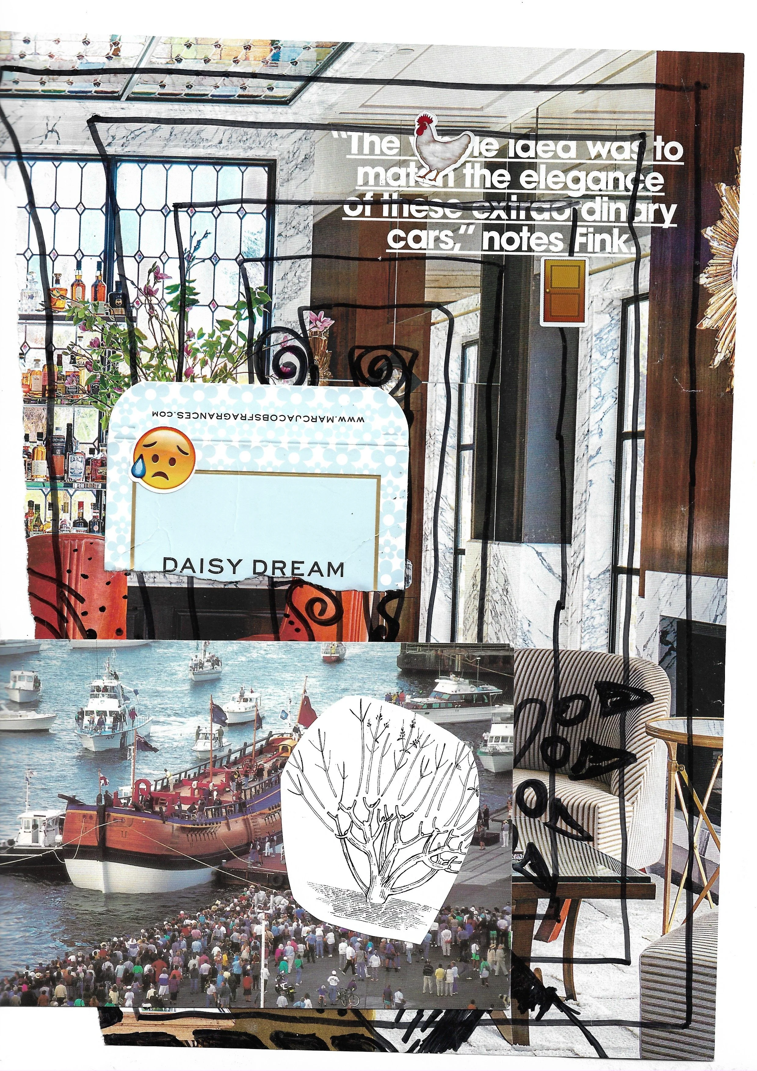 Photo of the interior of a bar with big glass wall, red bar chairs, collaged on top is part of "Daisy Dream" perfume packaging, and a photo of a bunch of people waiting to get on a boat 
