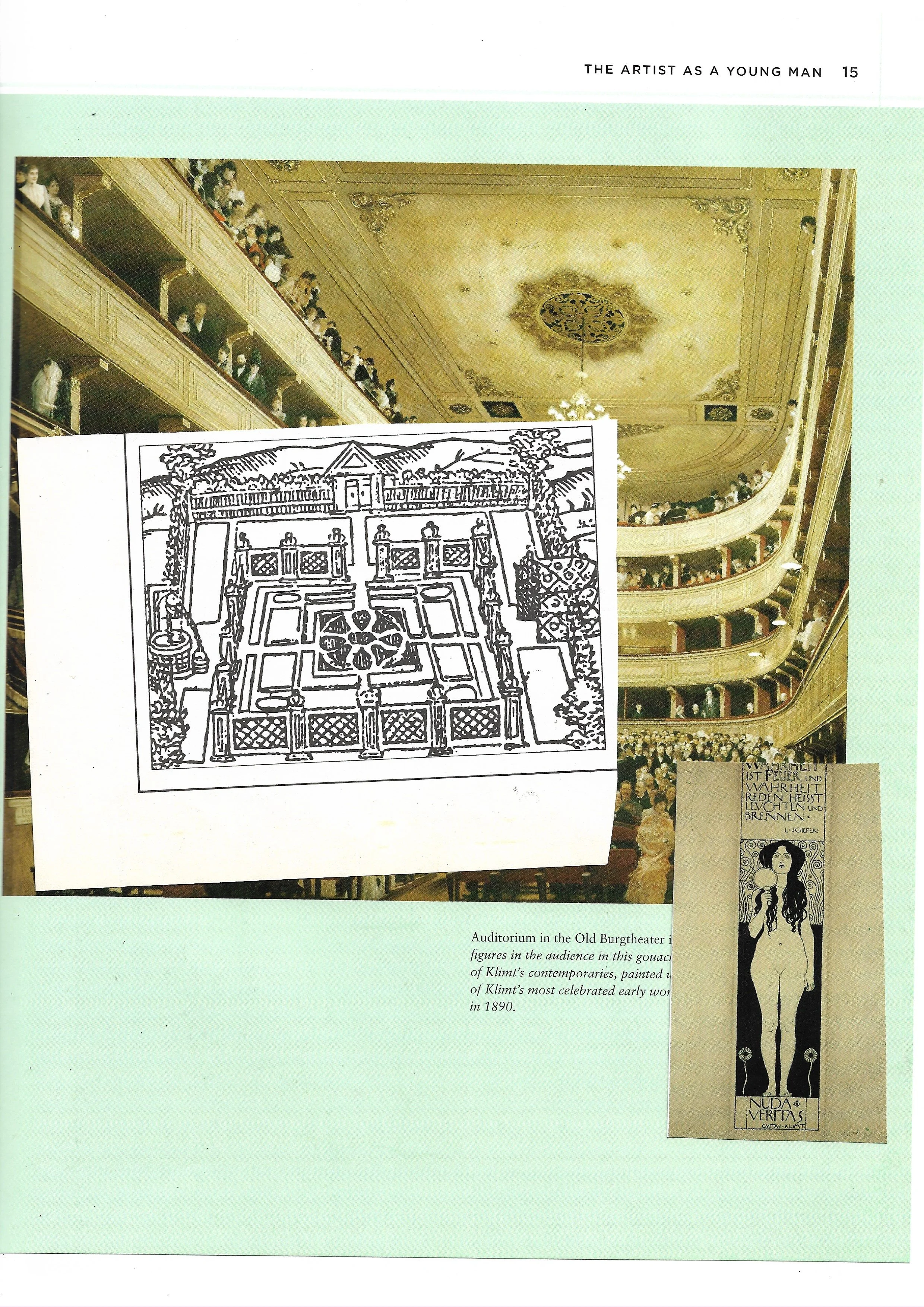 Light green background with a painting of an old auditorium, a drawing of a map and Klimpt drawing collaged on top. 