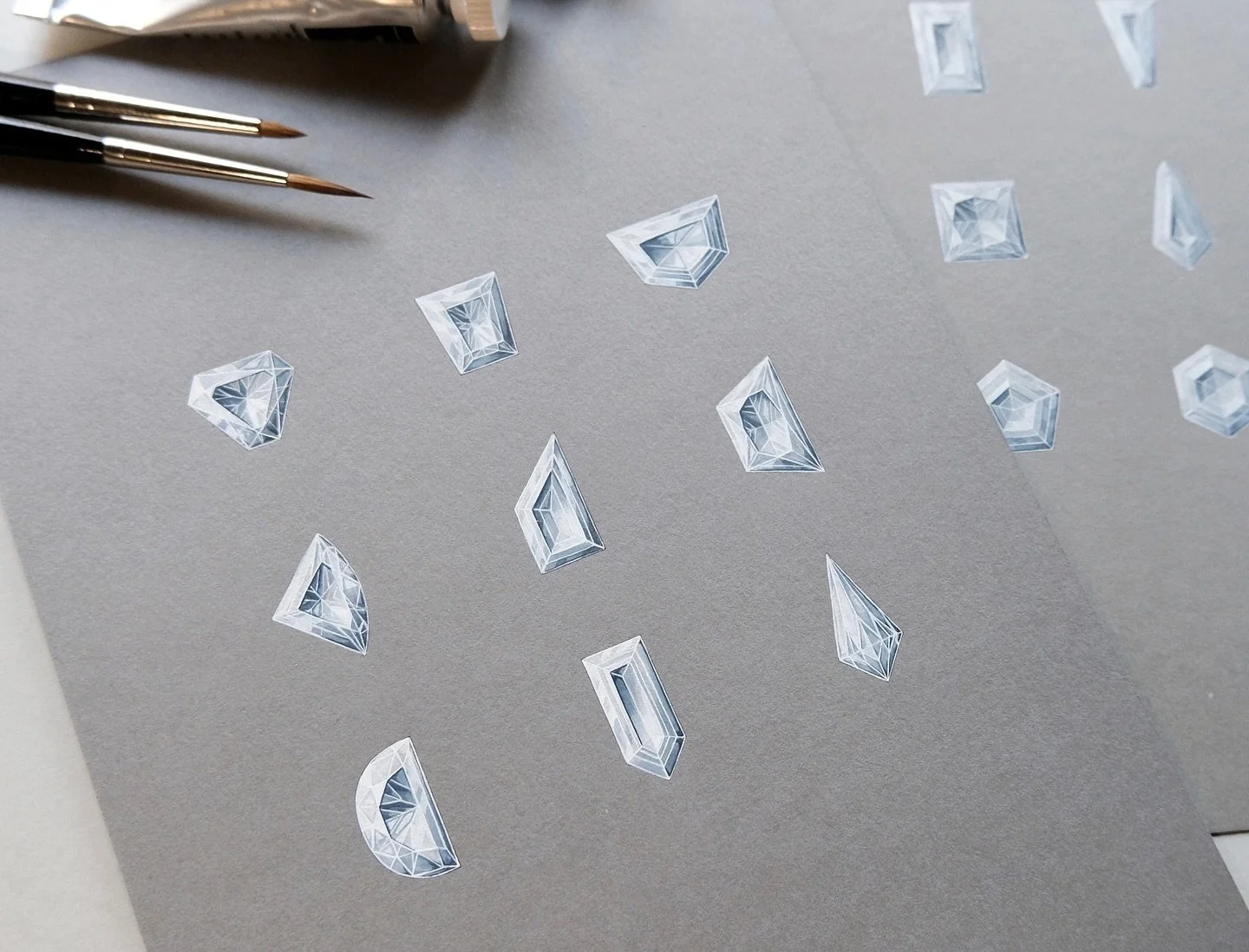 Deep dive into the allure of rare, unconventional diamond shapes. Hand painted by yours truly🤍

.

#gouachepainting #handpainting #jewelryillustration #jewelryrendering #jewelrydrawing #diamonds