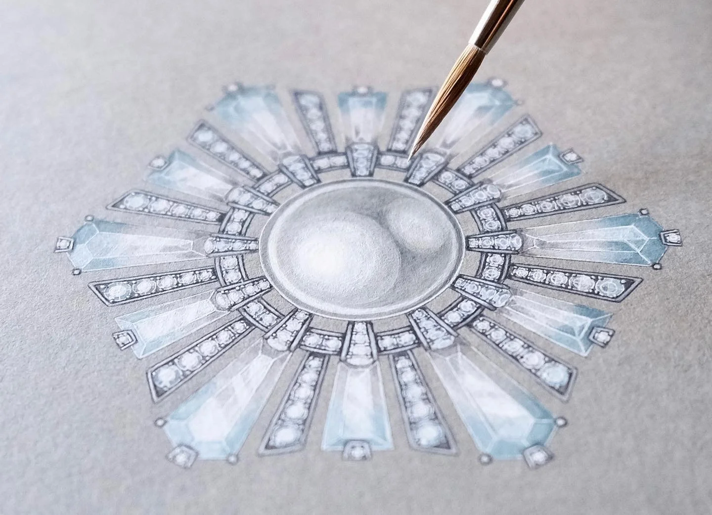 雪花・Sekka

Hand painted gouache of a snowflake brooch, imagined with bi-color topaz and diamonds encompassing a precious south sea pearl.

Designed based on a hexagonal floral form, the subtle gradation of Celadon blue alludes to an ephemeral quality.