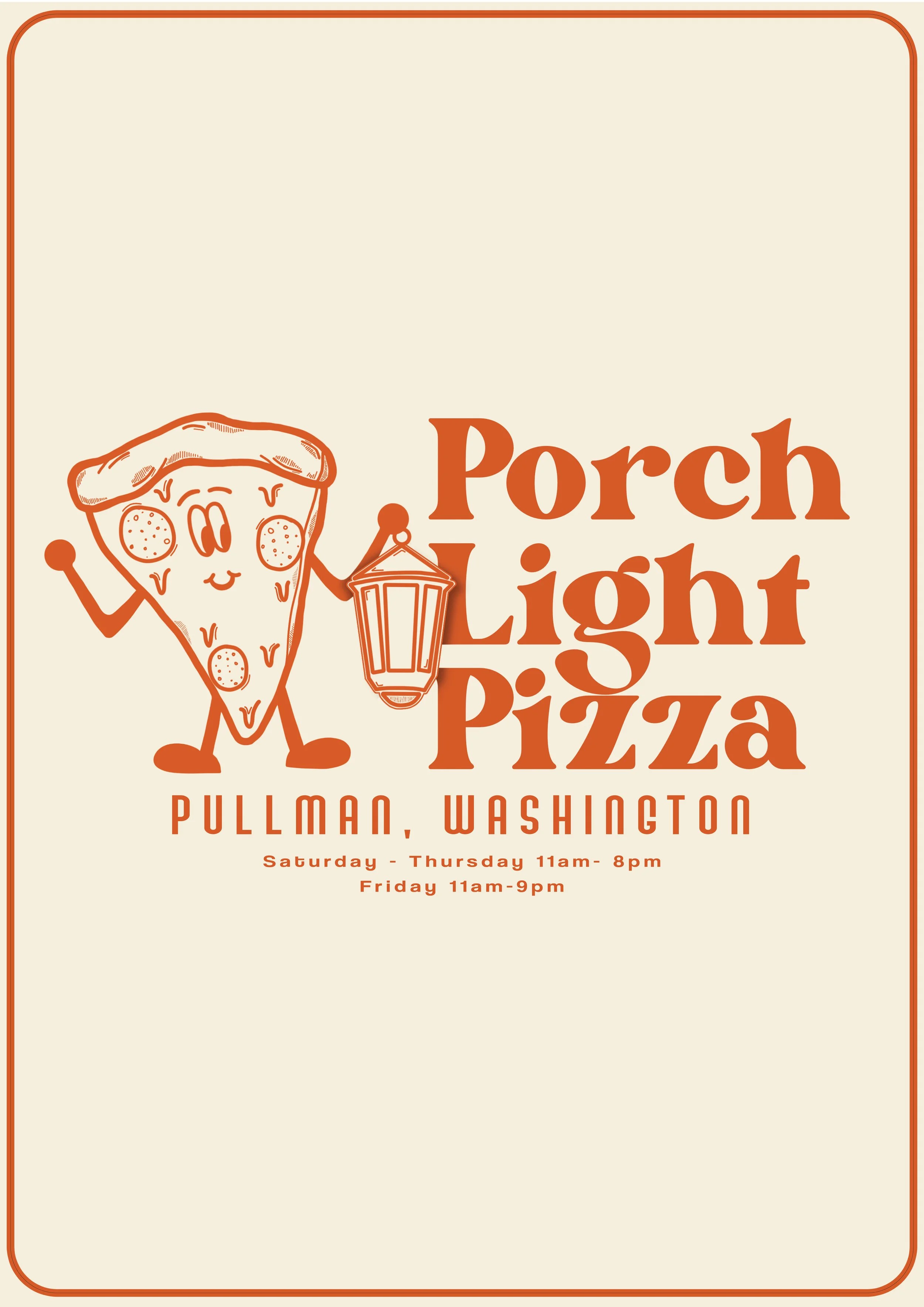 Image of an orange and cream colored Porch Light pizza logo