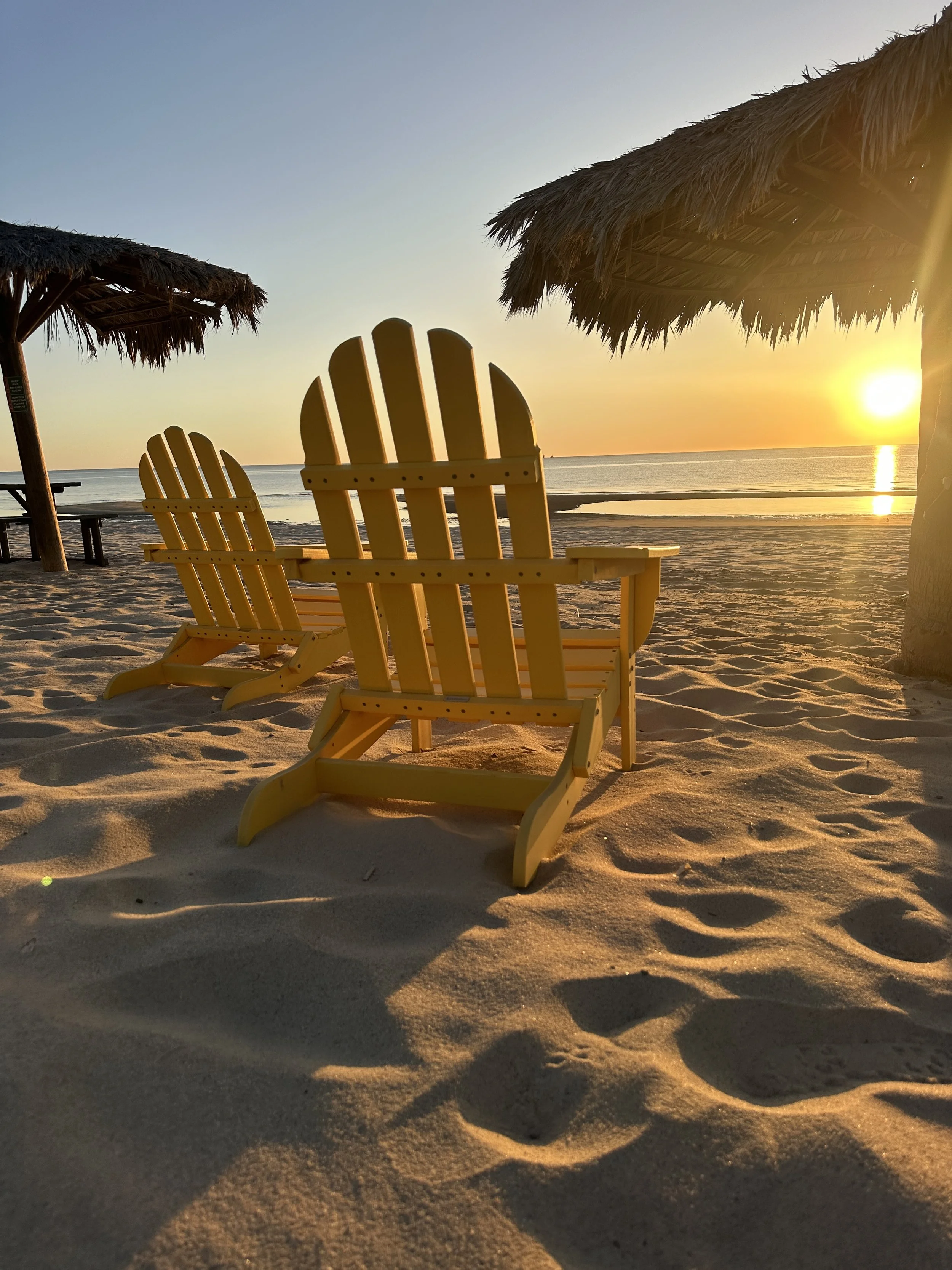 Two Adirondack chairs at SANTO in San Felipe Baja California facing a warm sunrise over the Sea of Cortez, with calm shoreline and soft golden light across the desert coastal landscape