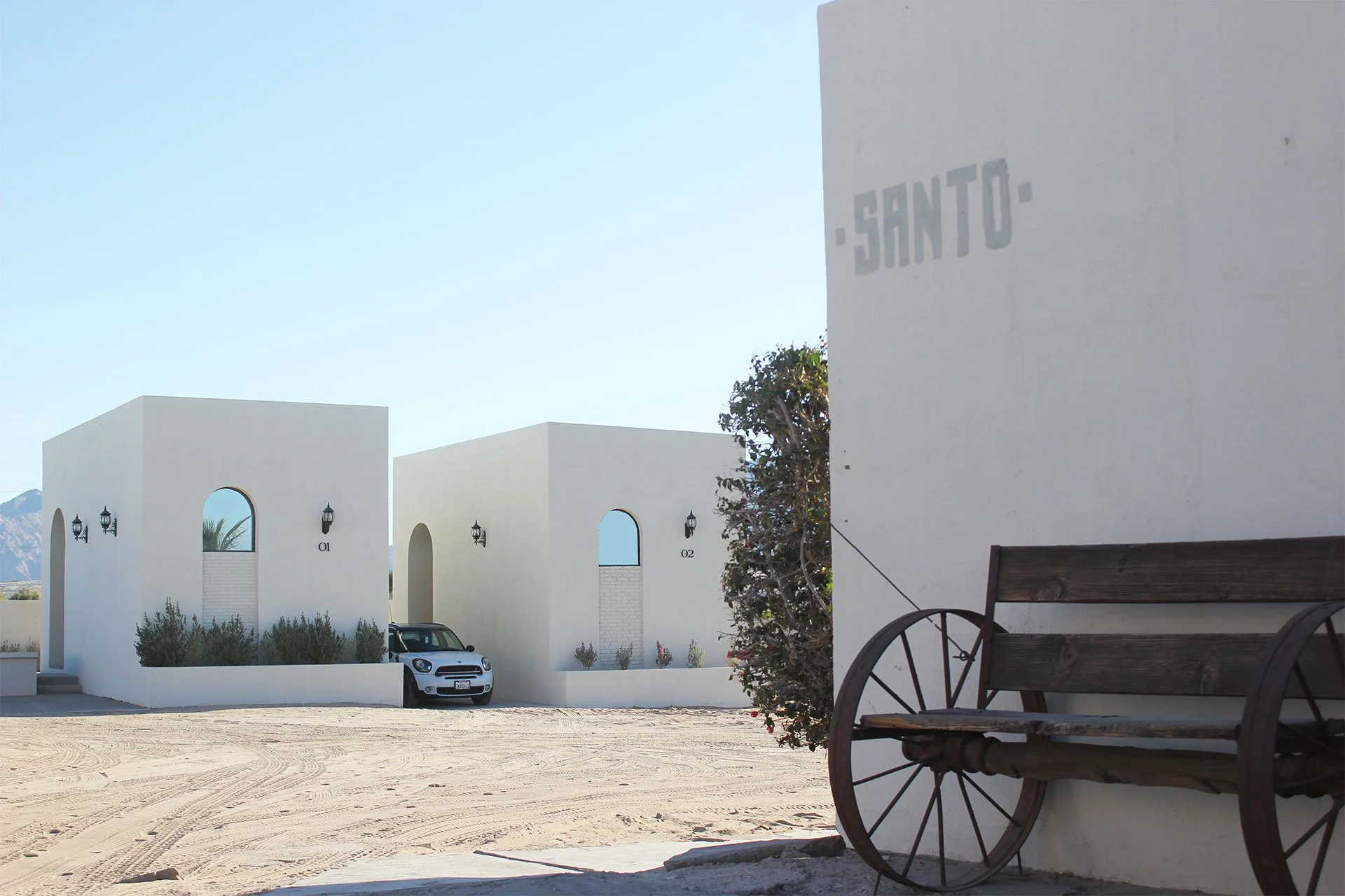 Minimalist boutique bungalows at SANTO blending Baja desert architecture with the relaxed coastal atmosphere of San Felipe and the Sea of Cortez.