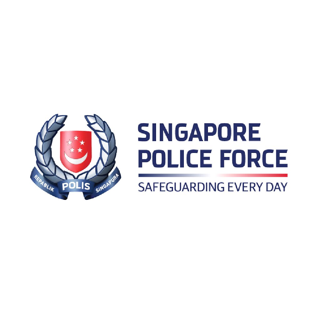 Logo of Singapore Police Force featuring a shield with a smiling face, stars, and laurel wreath, with the text 'Singapore Police Force' and 'Safeguarding Every Day'.