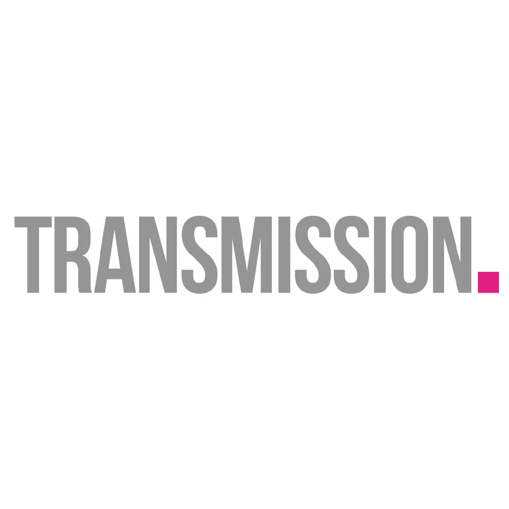Large grey text reading 'TRANSMISSION' with a small pink square at the end on a white background.